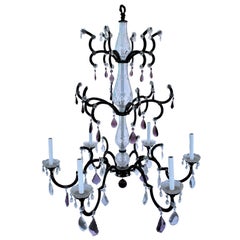 Chandelier, Iron, Crystals, Mid-Century, 3 Tiers, Crystal Glass Center bodys
