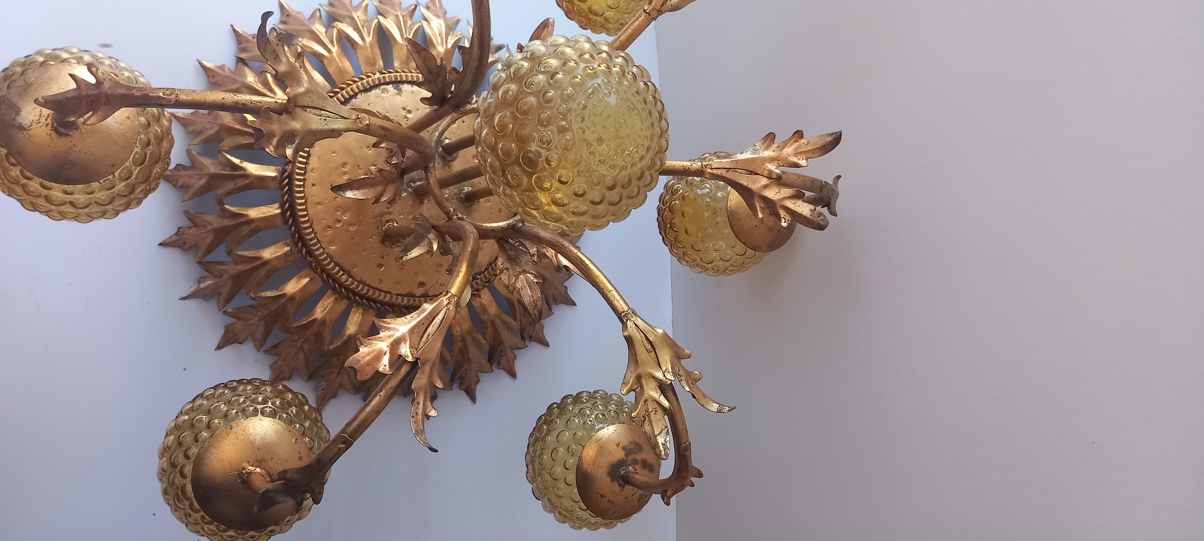 Spectacular Chandelier  Iron & Gold Leaf  Large Sice Mid-Century  France For Sale 4