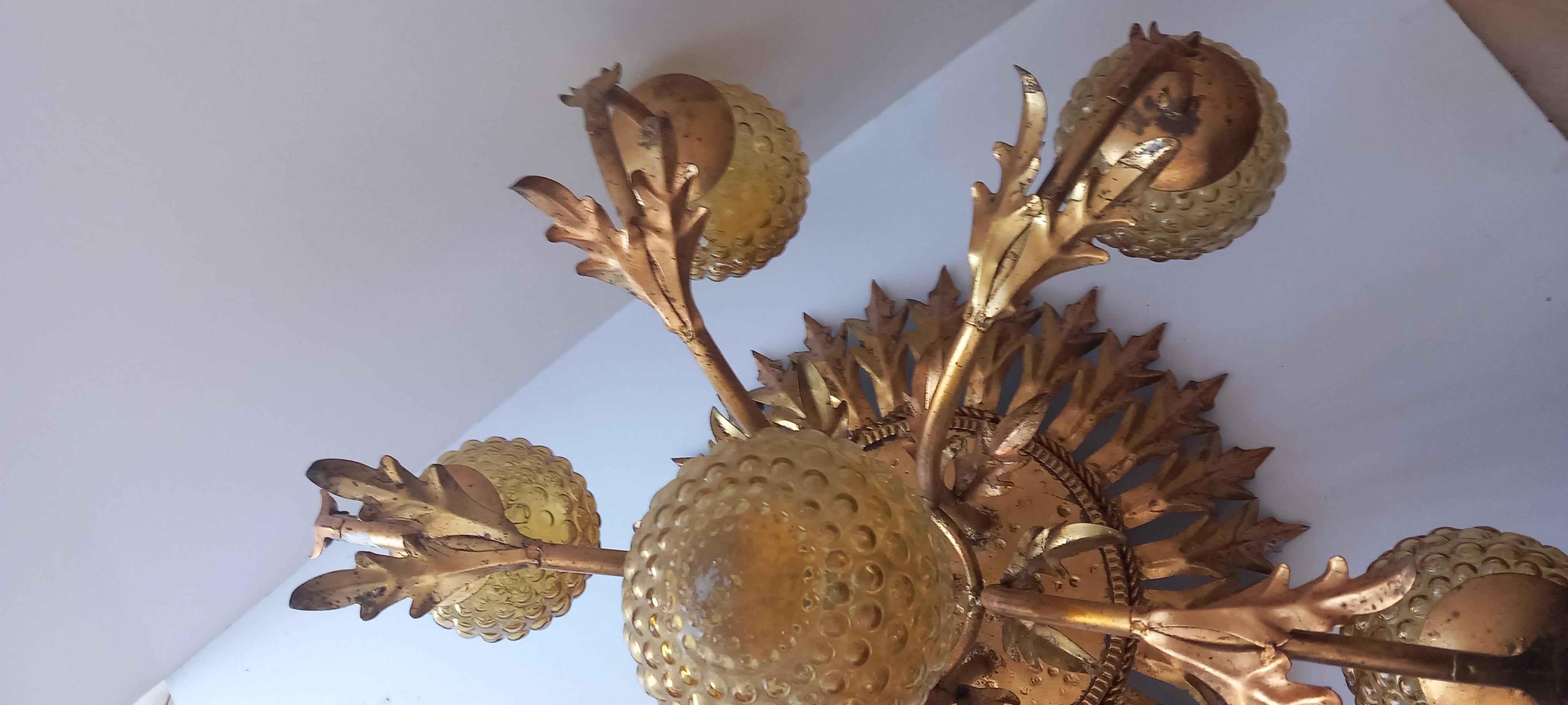 Chandelier  Iron & Gold Leaf Spectacular Large Sice Mid-Century  France For Sale 11