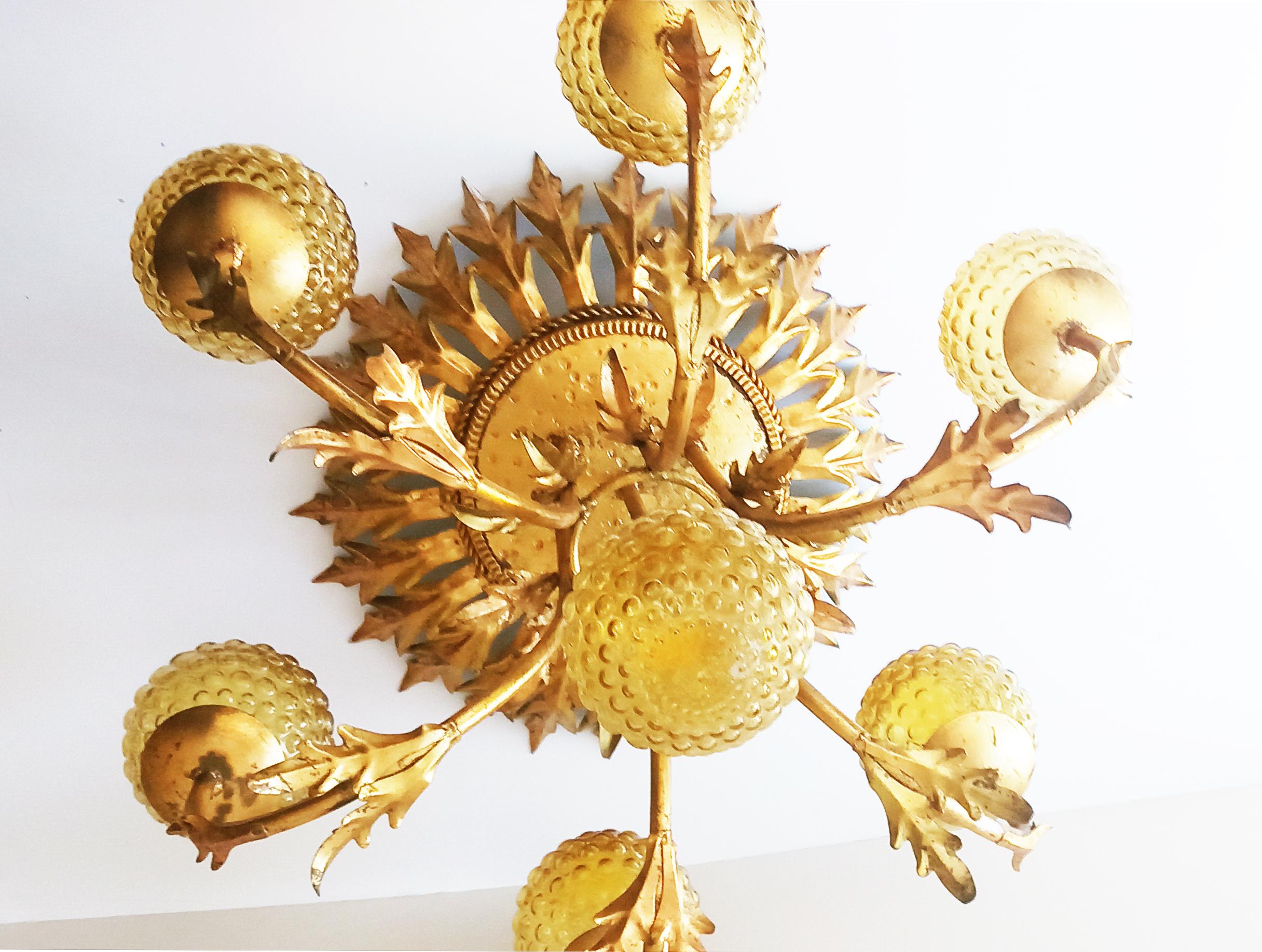 20th Century Chandelier  Iron & Gold Leaf Spectacular Large Sice Mid-Century  France For Sale