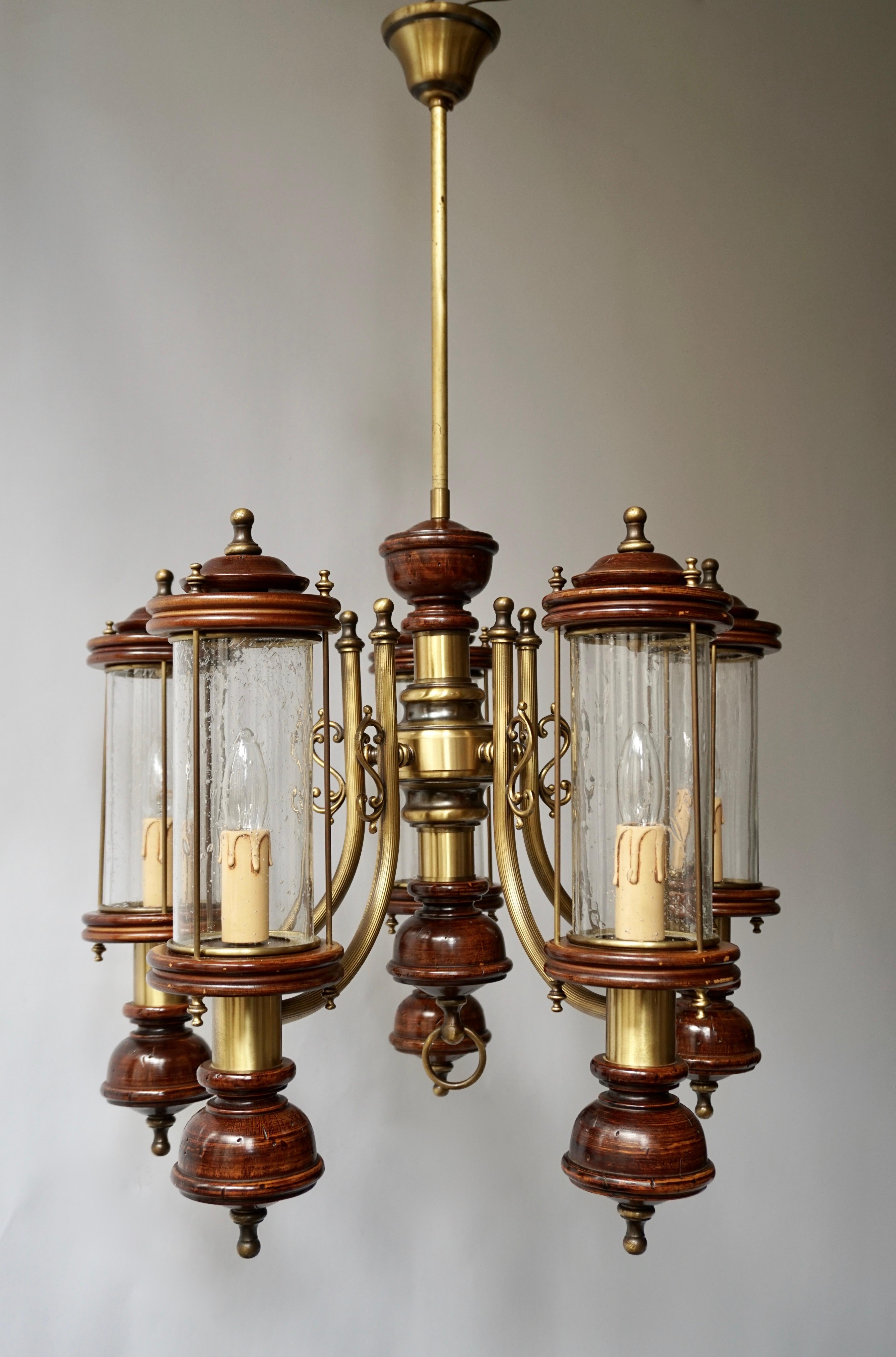 Chandelier is Glass, Brass and Wood For Sale 4