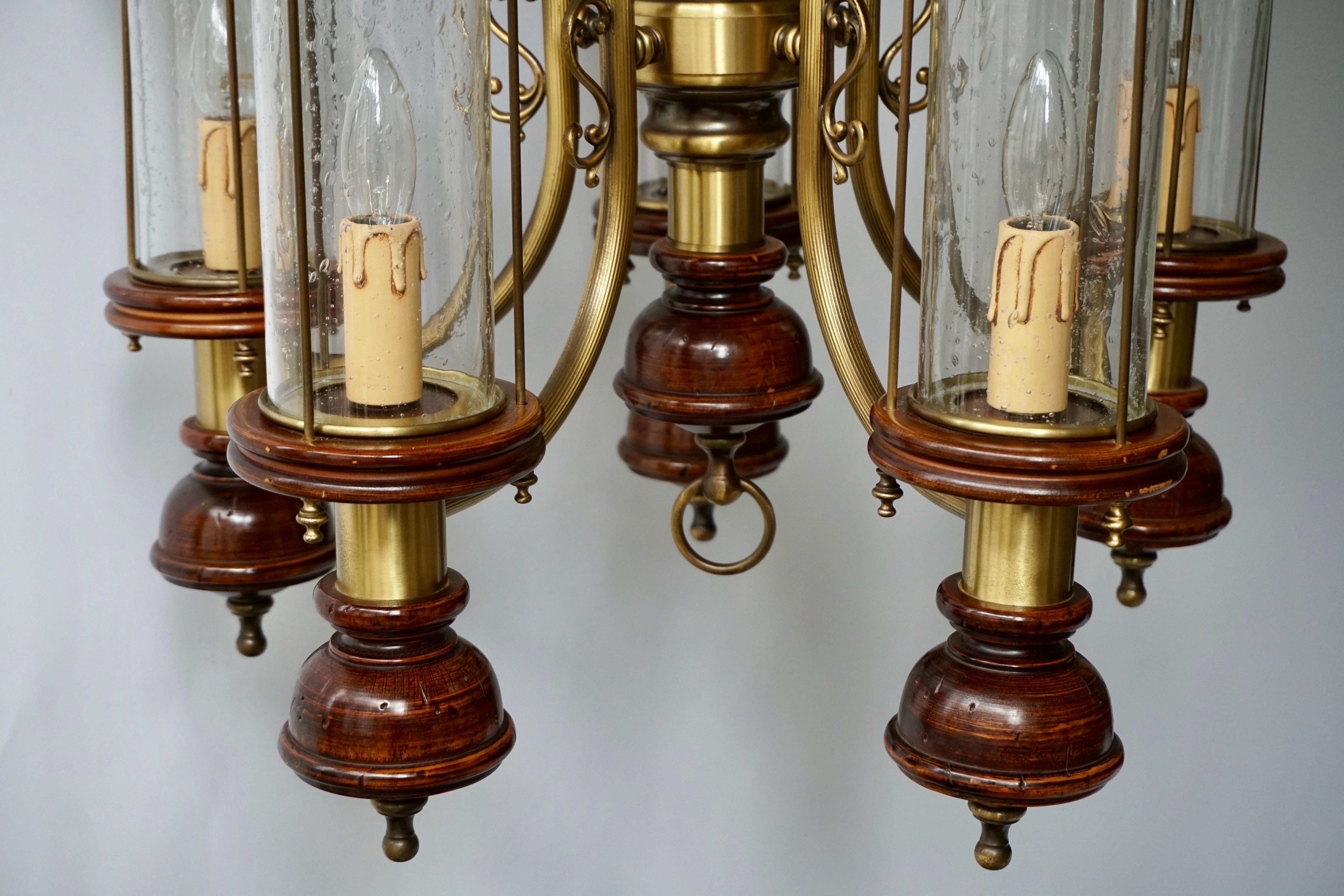 Chandelier is Glass, Brass and Wood For Sale 6