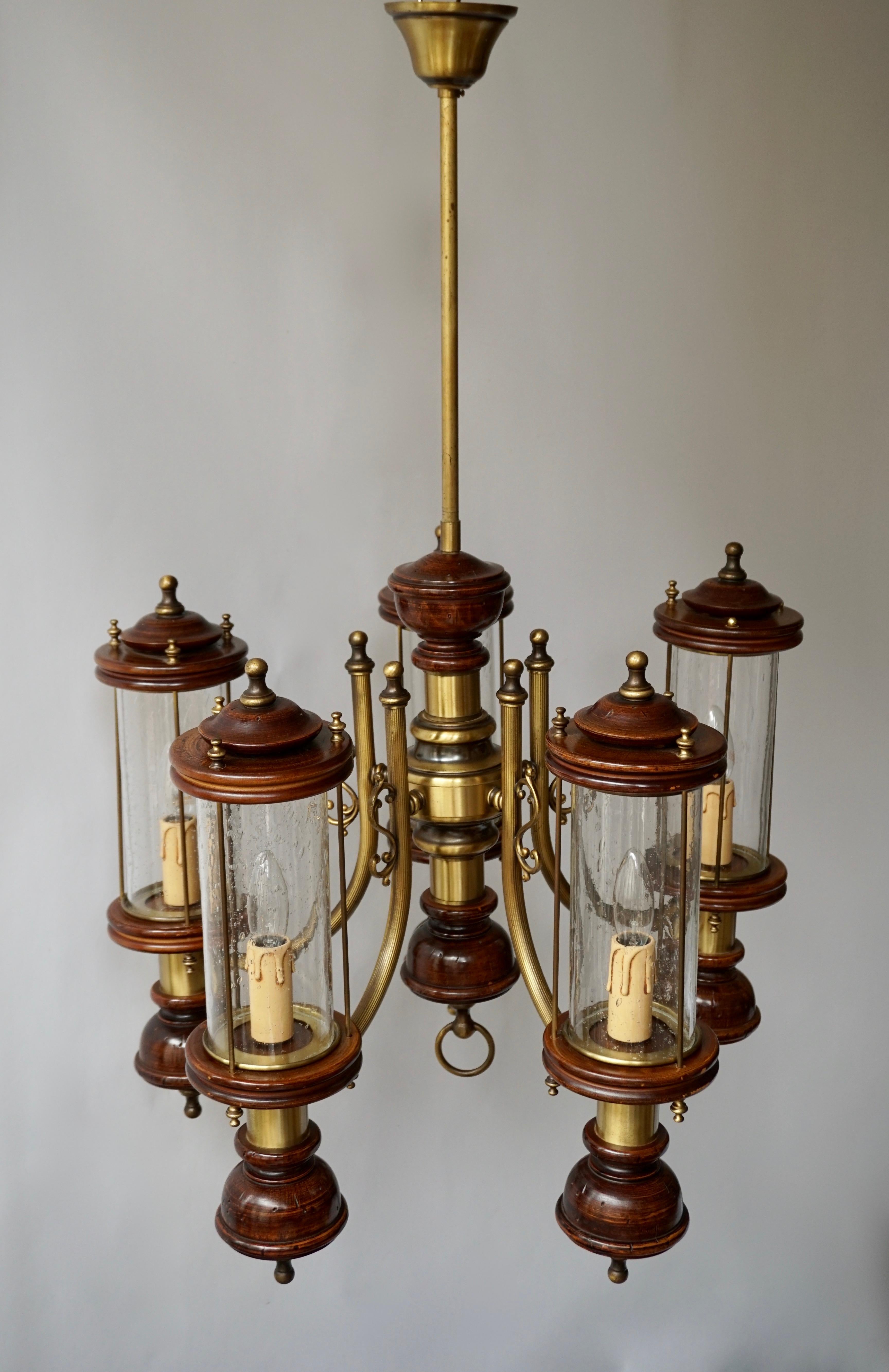 Chandelier is Glass, Brass and Wood For Sale 8