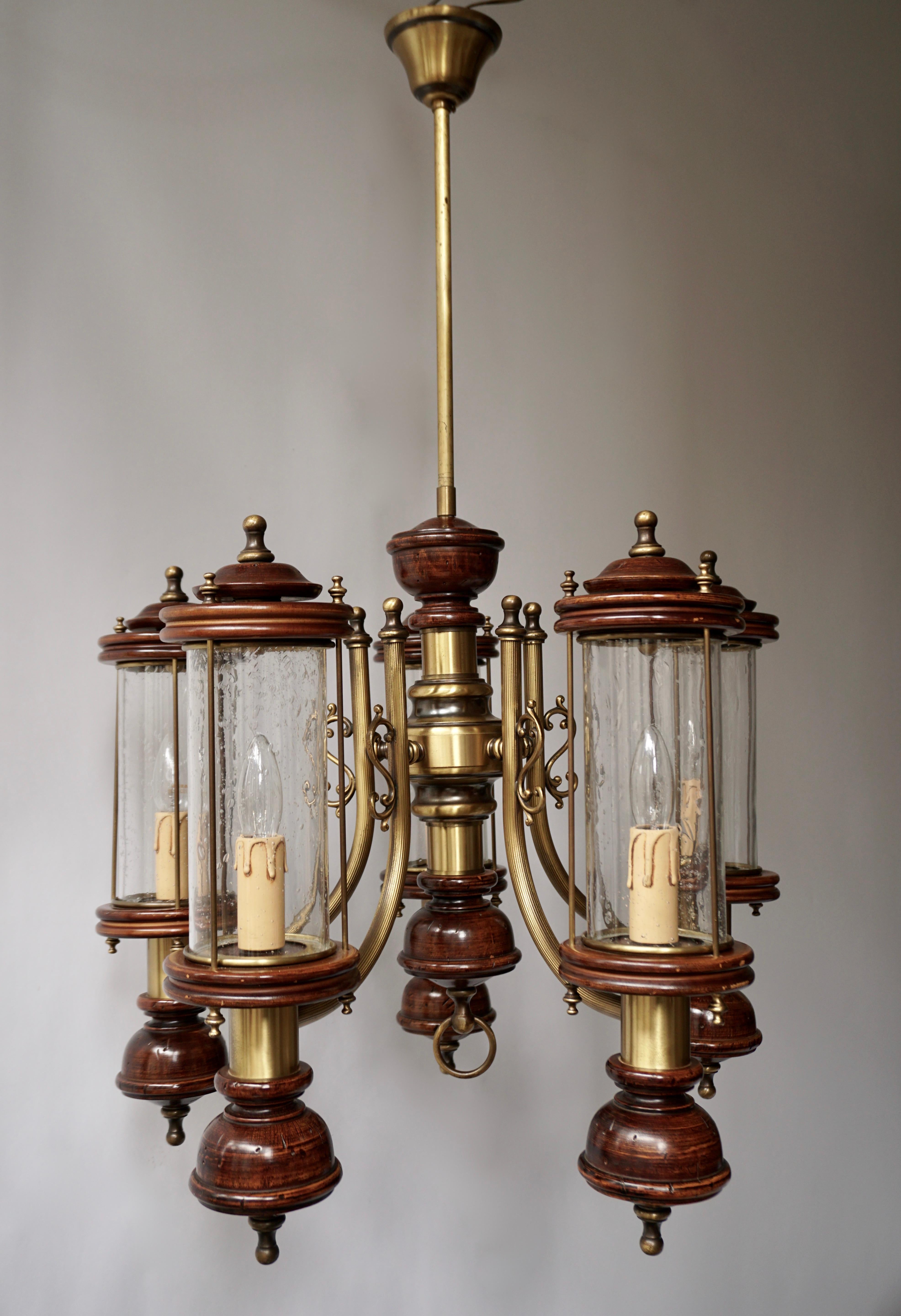 Chandelier is Glass, Brass and Wood For Sale 9