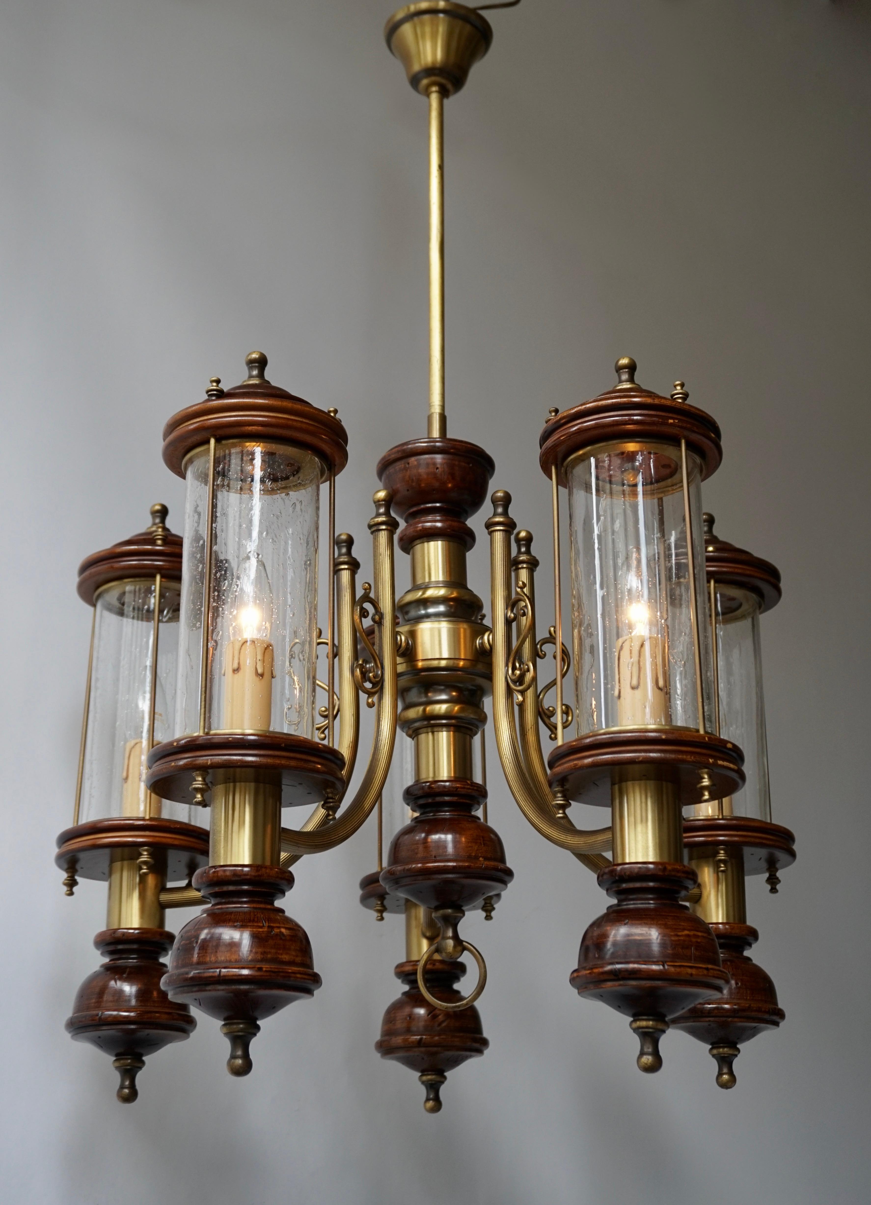 Hollywood Regency Chandelier is Glass, Brass and Wood For Sale