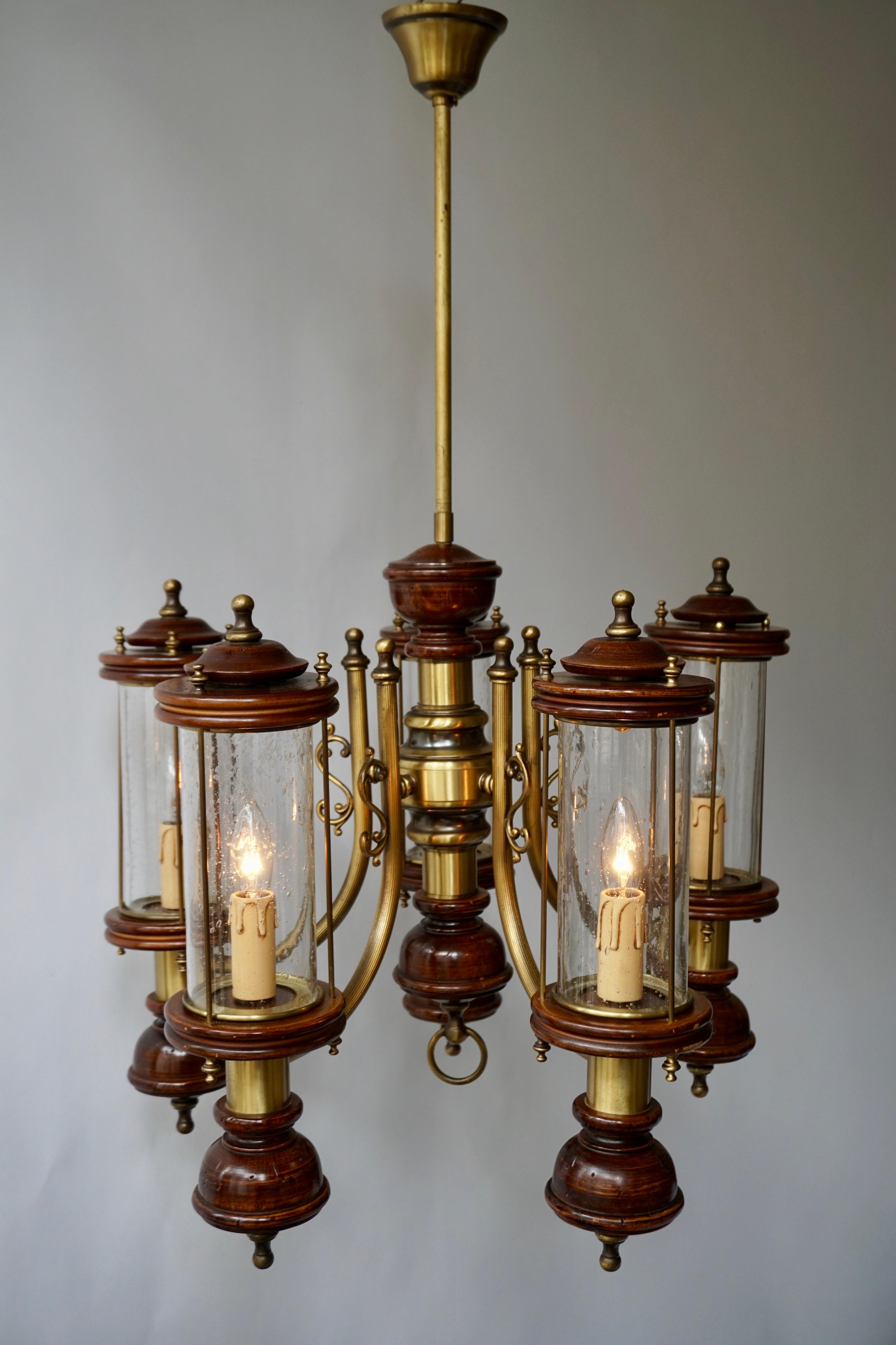 Italian Chandelier is Glass, Brass and Wood For Sale