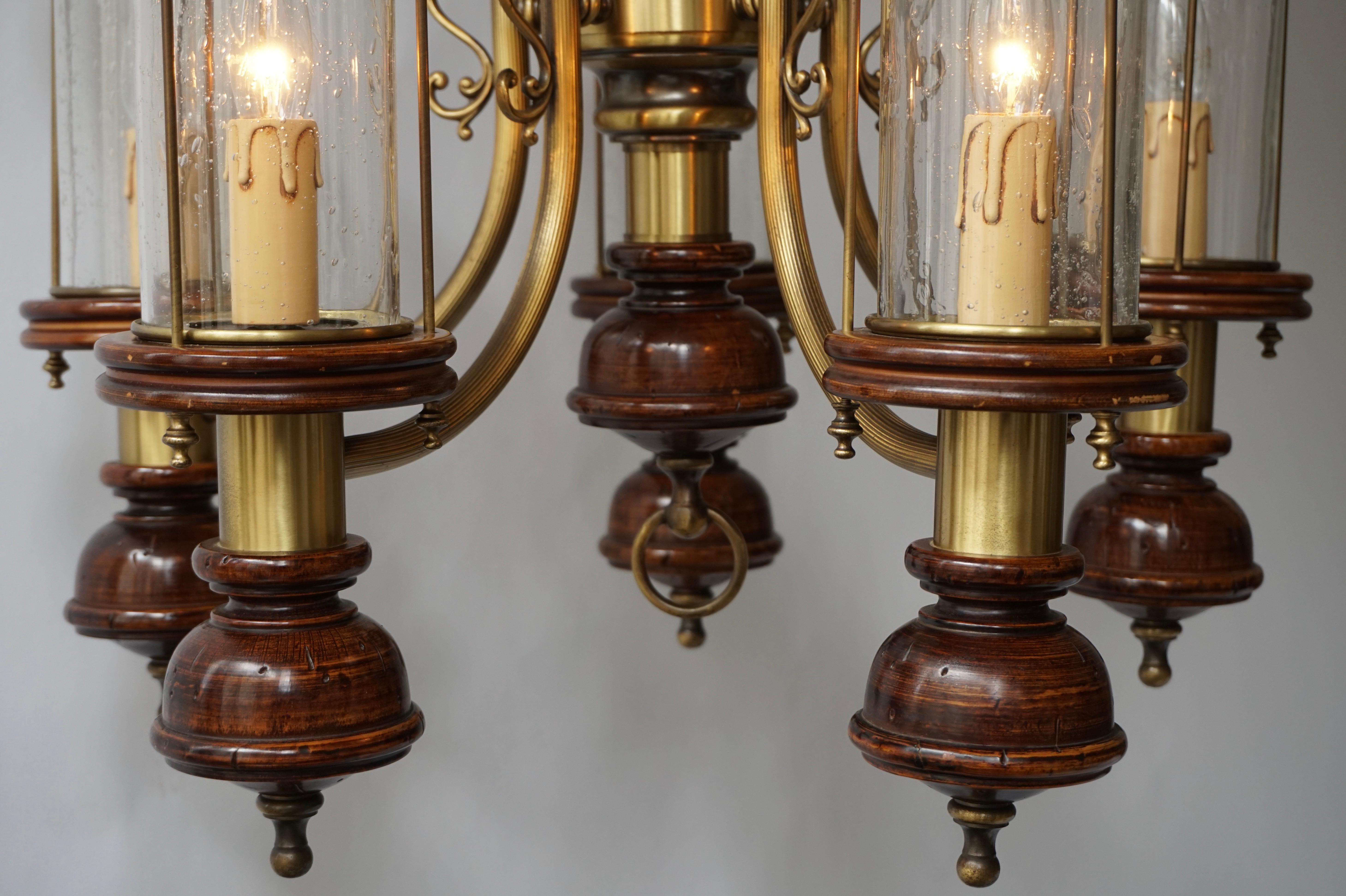 20th Century Chandelier is Glass, Brass and Wood For Sale