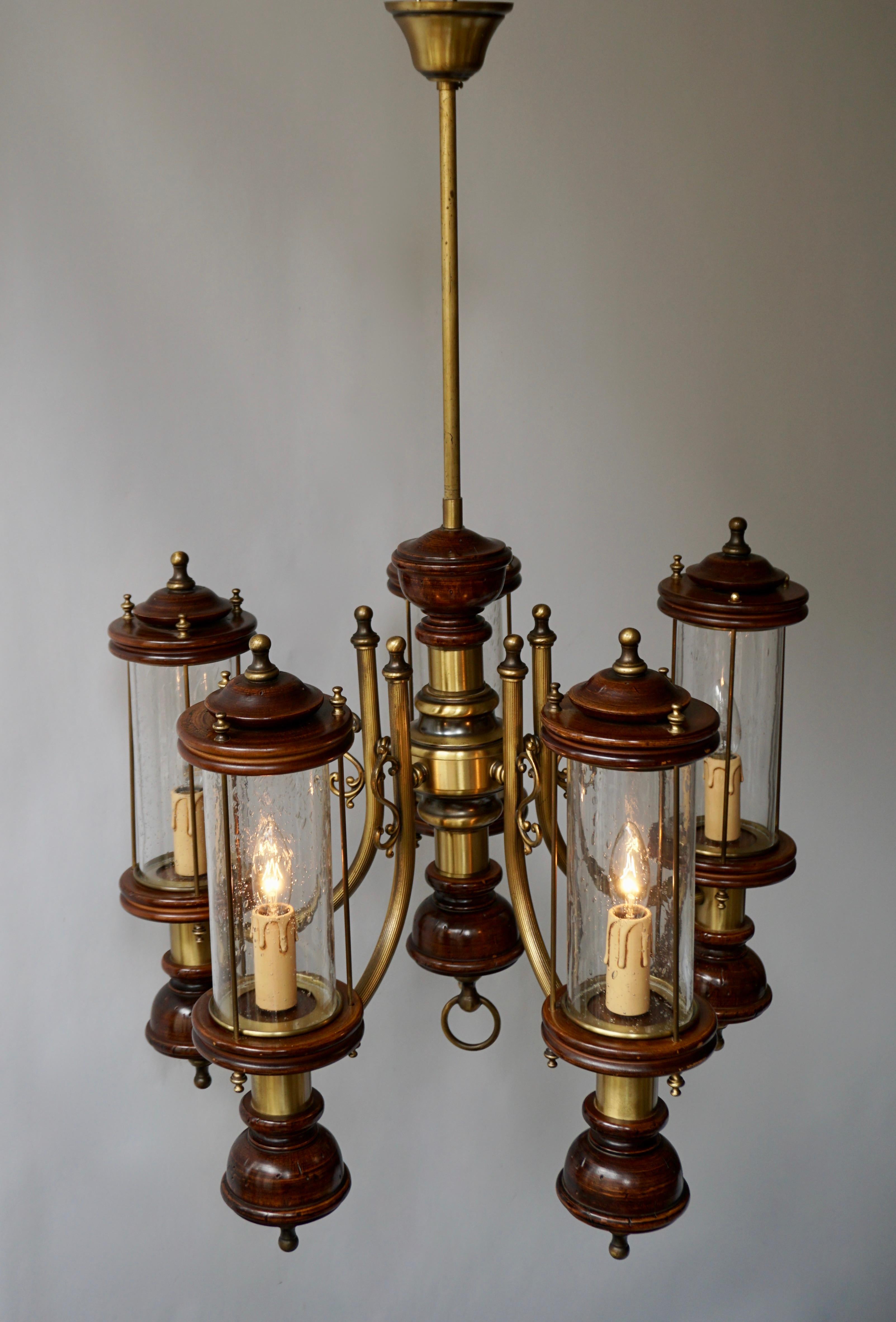 Chandelier is Glass, Brass and Wood For Sale 1