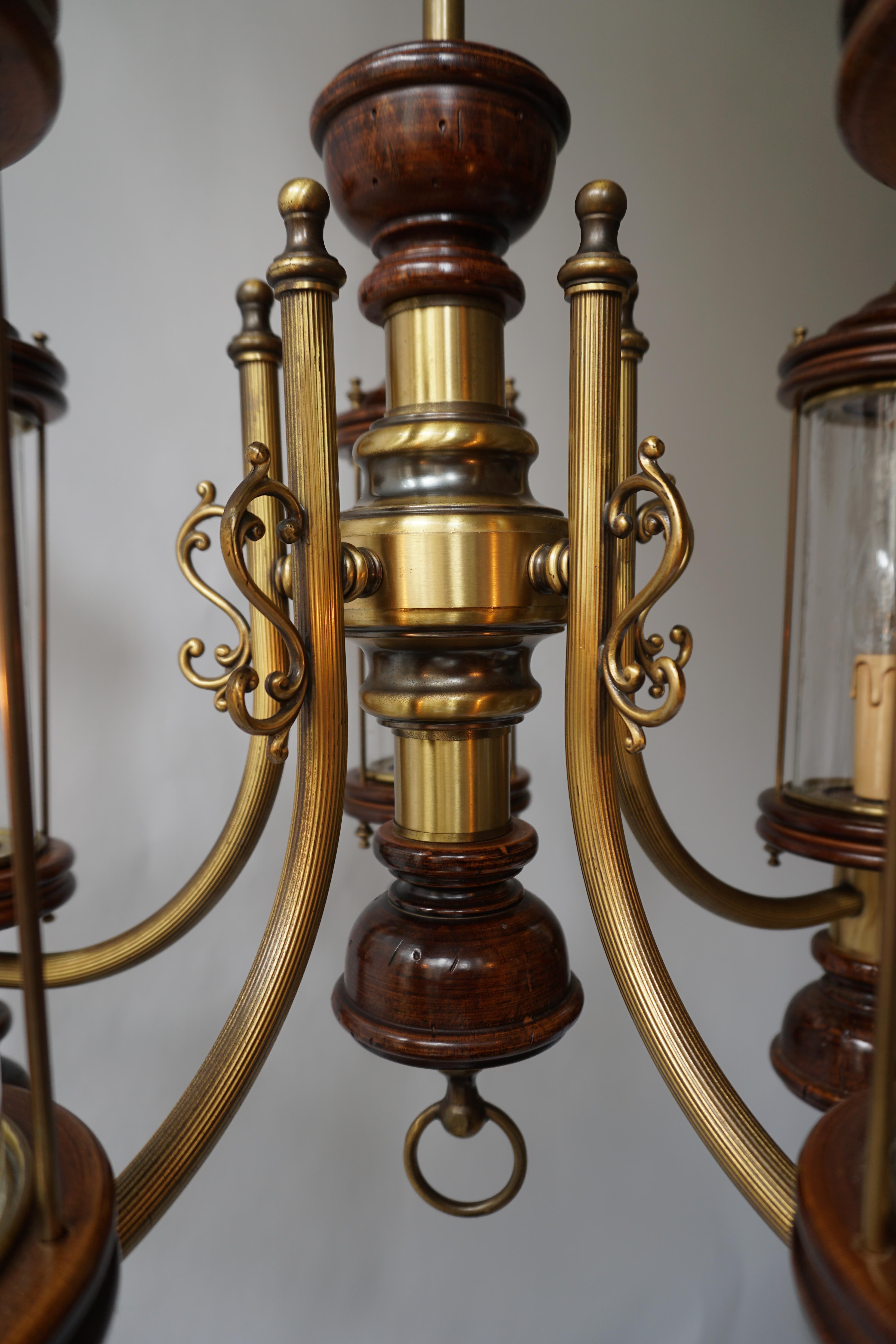 Chandelier is Glass, Brass and Wood For Sale 2