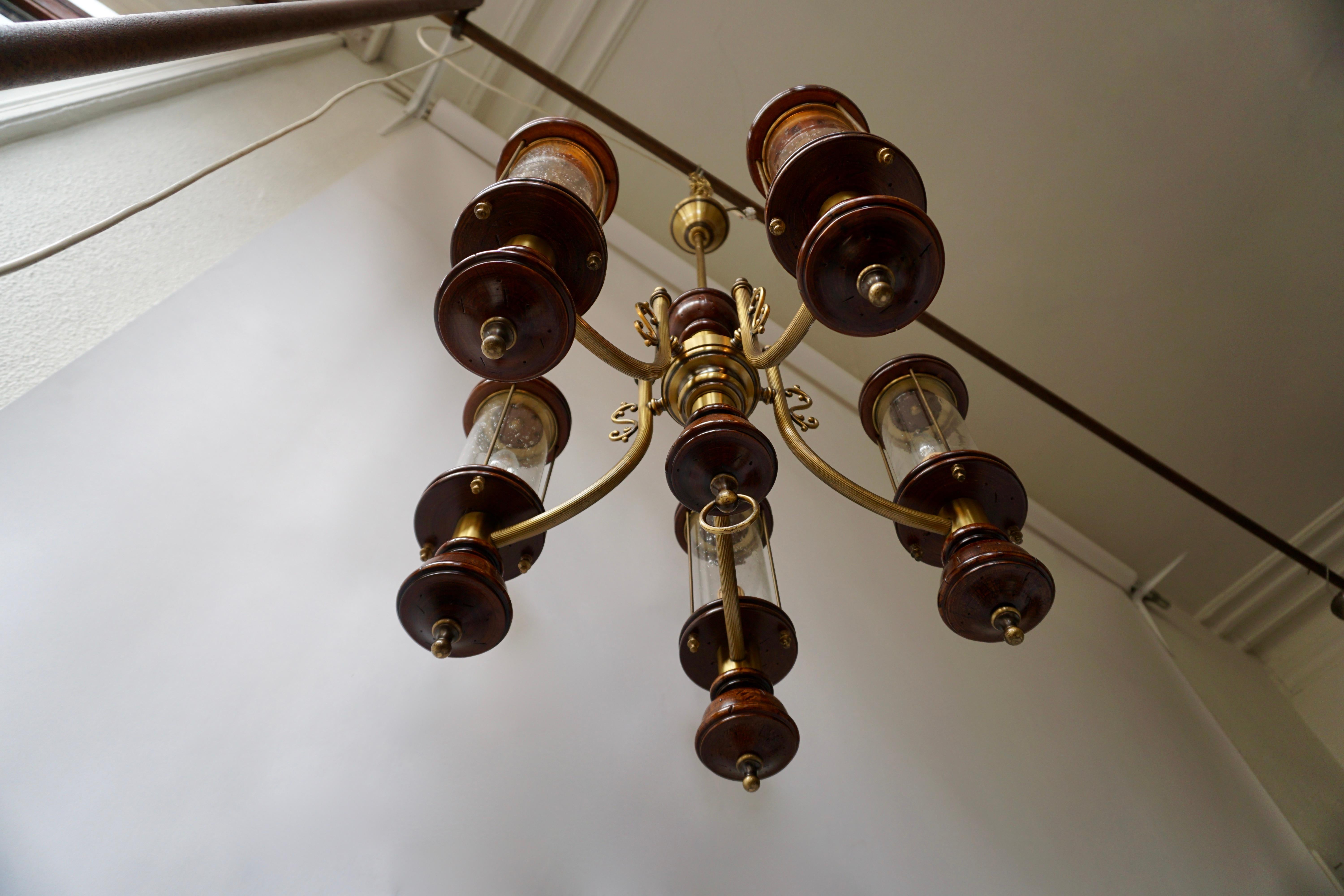 Chandelier is Glass, Brass and Wood For Sale 3