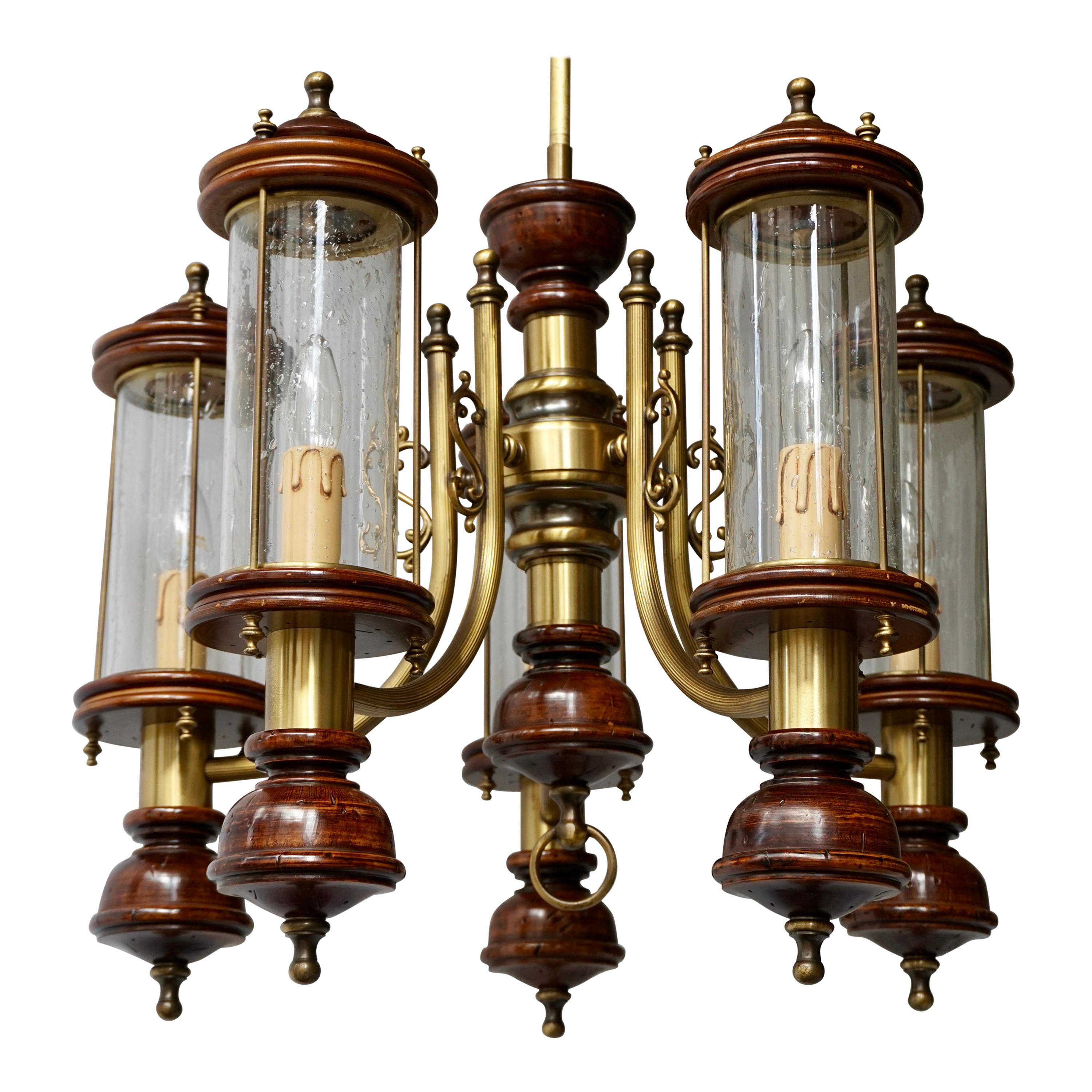 Chandelier is Glass, Brass and Wood For Sale