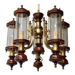 Vintage Chandelier is Glass, Brass and Wood