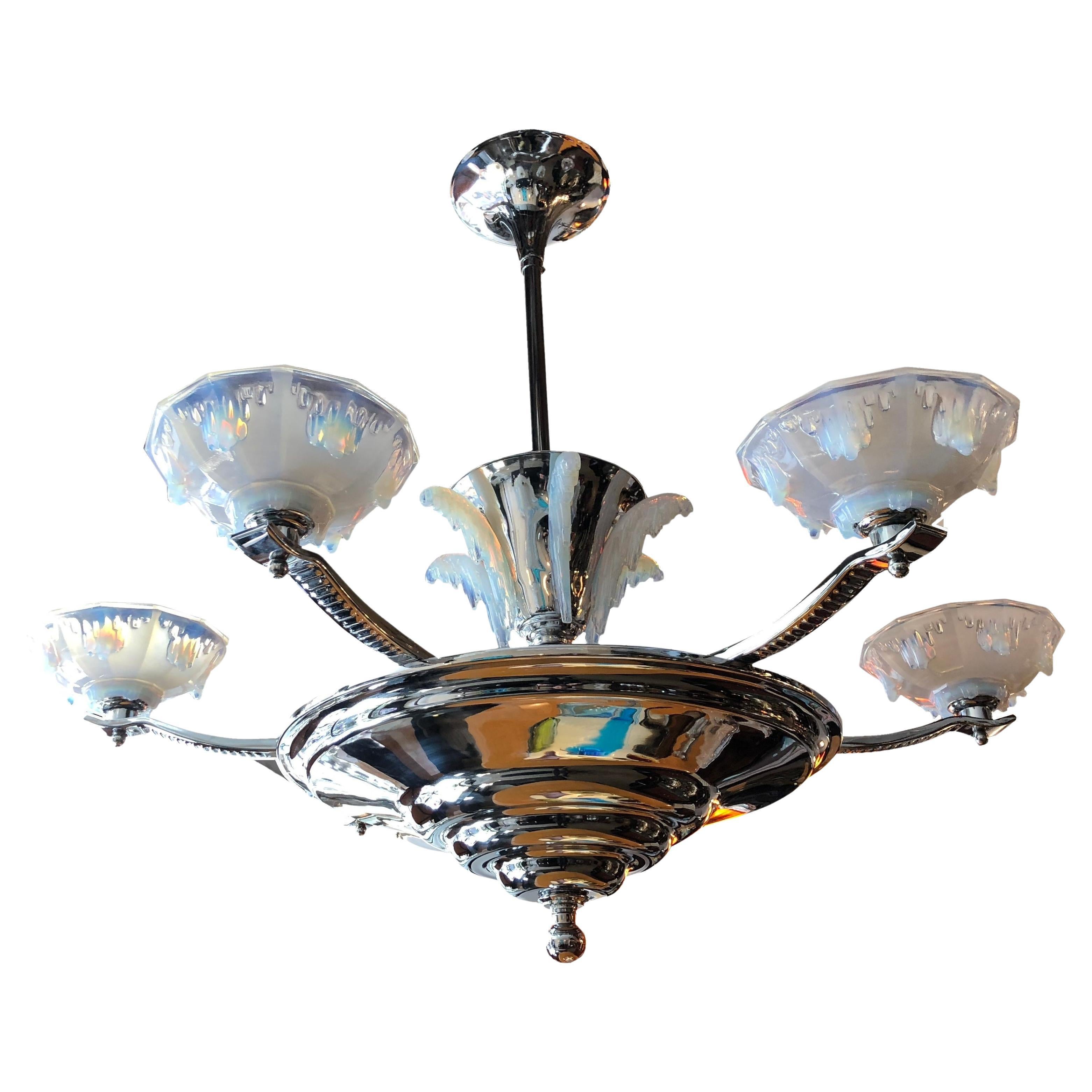 Lampadario Jugendstil, Art Nouveau, Francia, Materiali: Vetro e cromo, 1900 in vendita