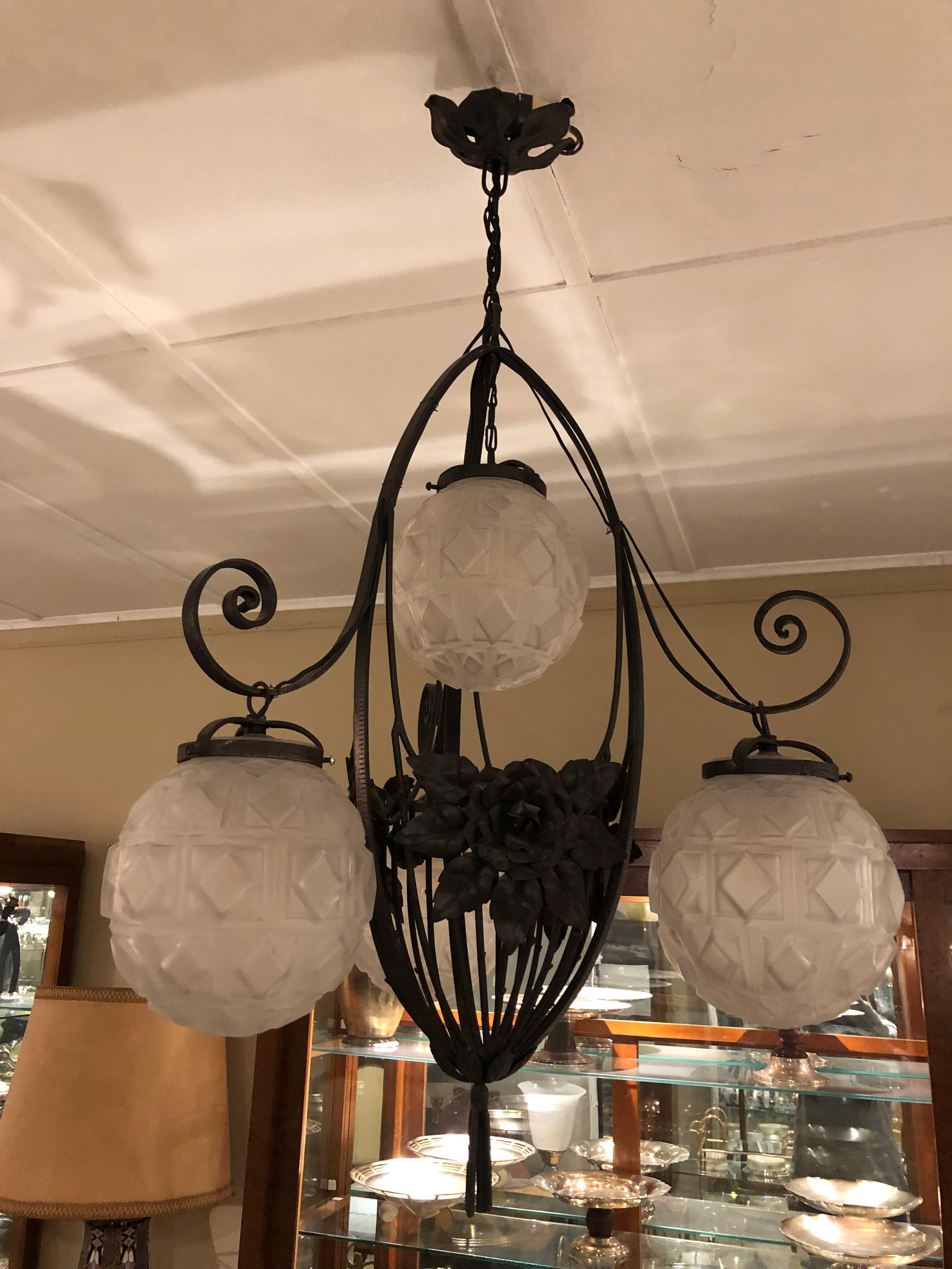 Lámpara Jugendstil, Art Nouveau, en Vidrio y Hierro, Año 1900, Country French en venta 12