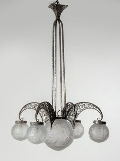 Art deco Wrought Iron Peacock Chandelier Muller Frères Glass
