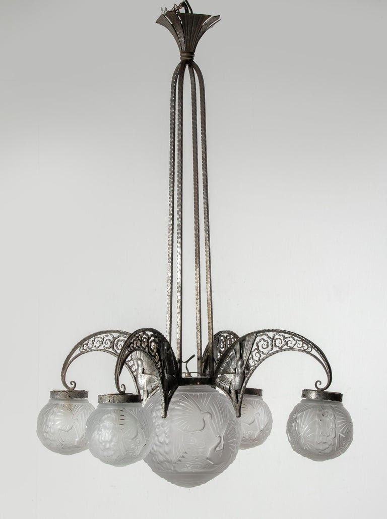 Art deco Wrought Iron Peacock Chandelier Muller Frères Glass For Sale at  1stDibs