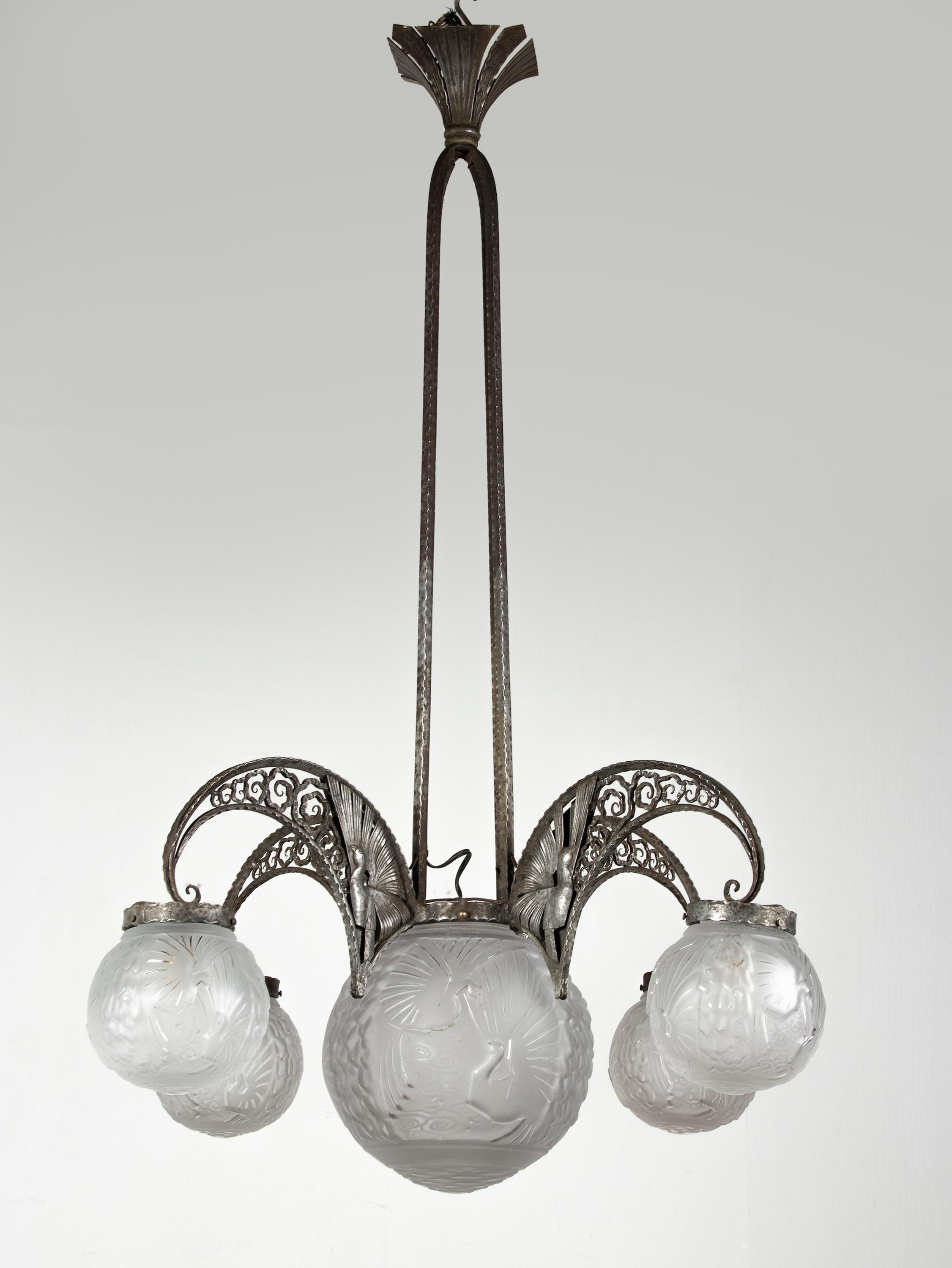 Art Deco Art deco Wrought Iron Peacock Chandelier Muller Frères Glass For Sale