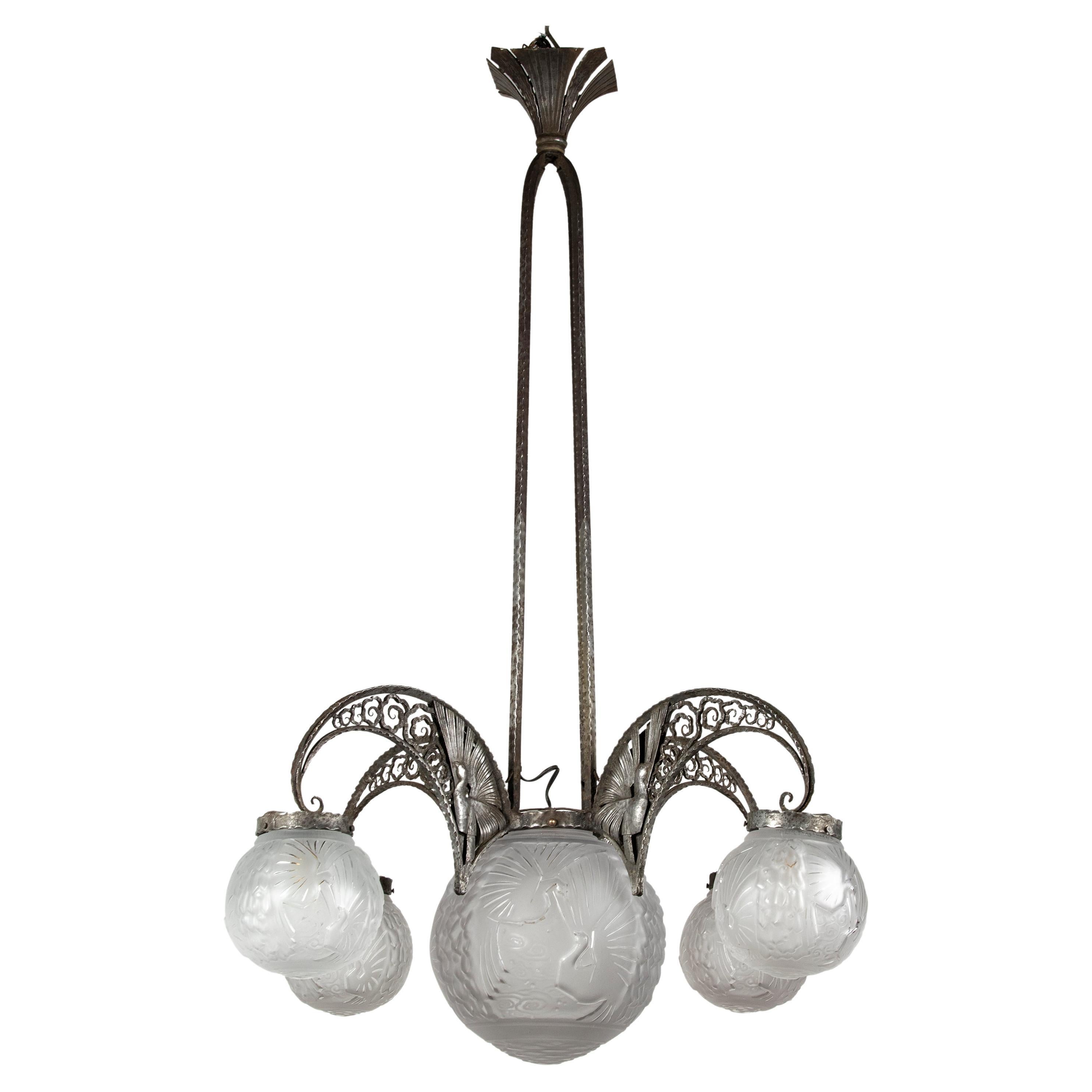 Art deco Wrought Iron Peacock Chandelier Muller Frères Glass For Sale
