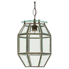 Chandelier Lantern in Brass and Beveled Glass Adolf Loos Style, Italy 1950s