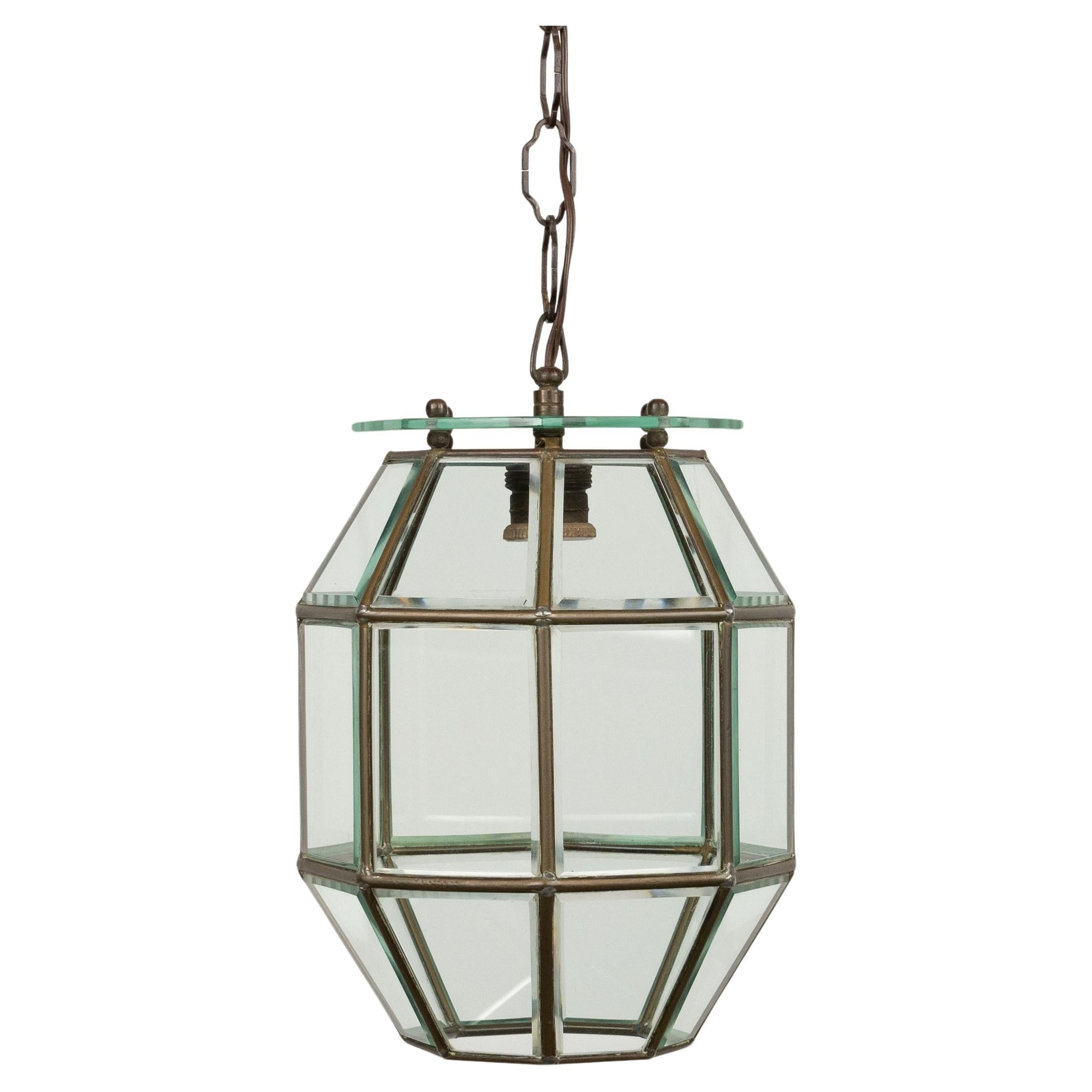 Italian Chandelier Lantern in Brass and Beveled Glass Adolf Loos Style, Italy 1950s For Sale