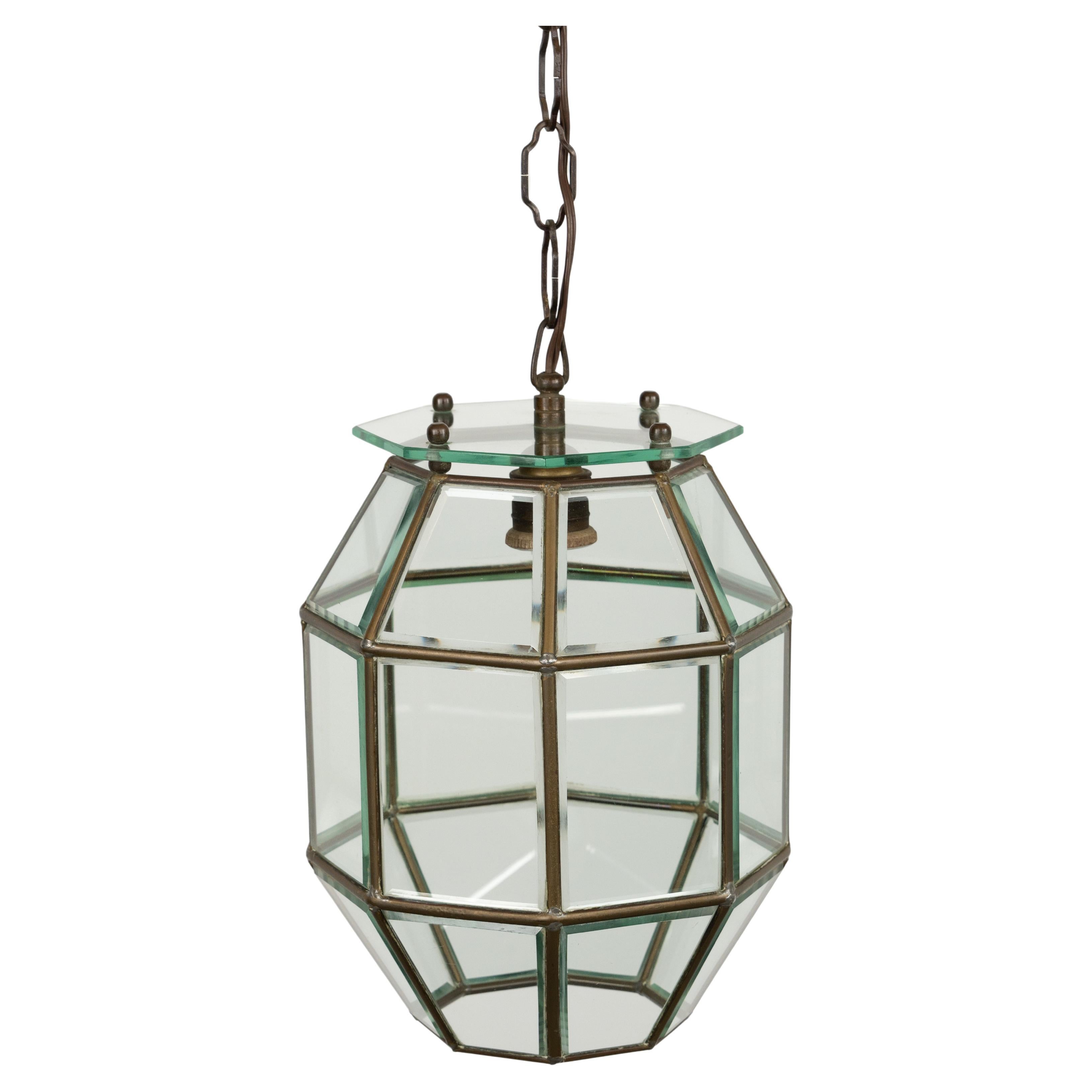 Chandelier Lantern in Brass and Beveled Glass Adolf Loos Style, Italy 1950s In Good Condition For Sale In Rome, IT