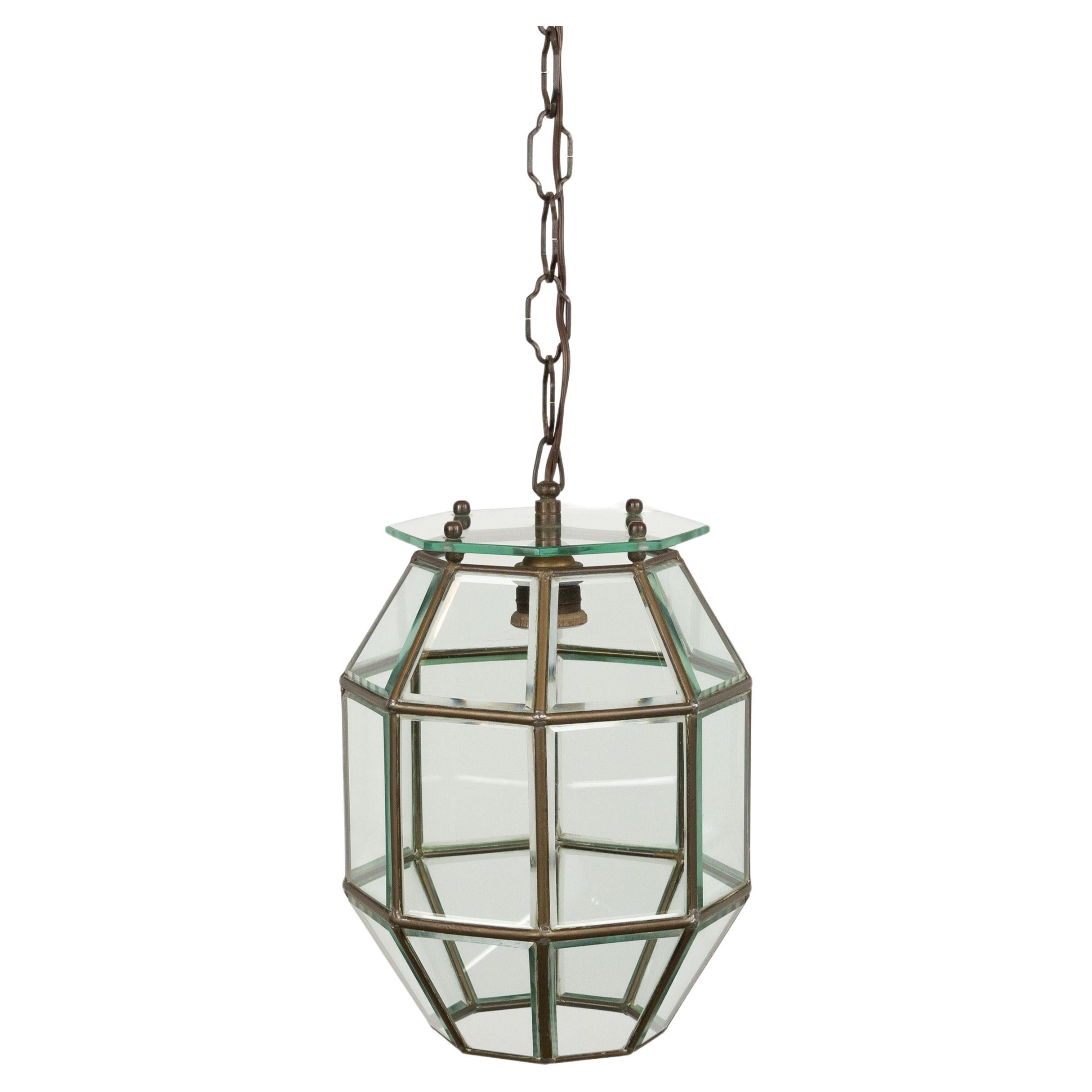 Mid-20th Century Chandelier Lantern in Brass and Beveled Glass Adolf Loos Style, Italy 1950s For Sale