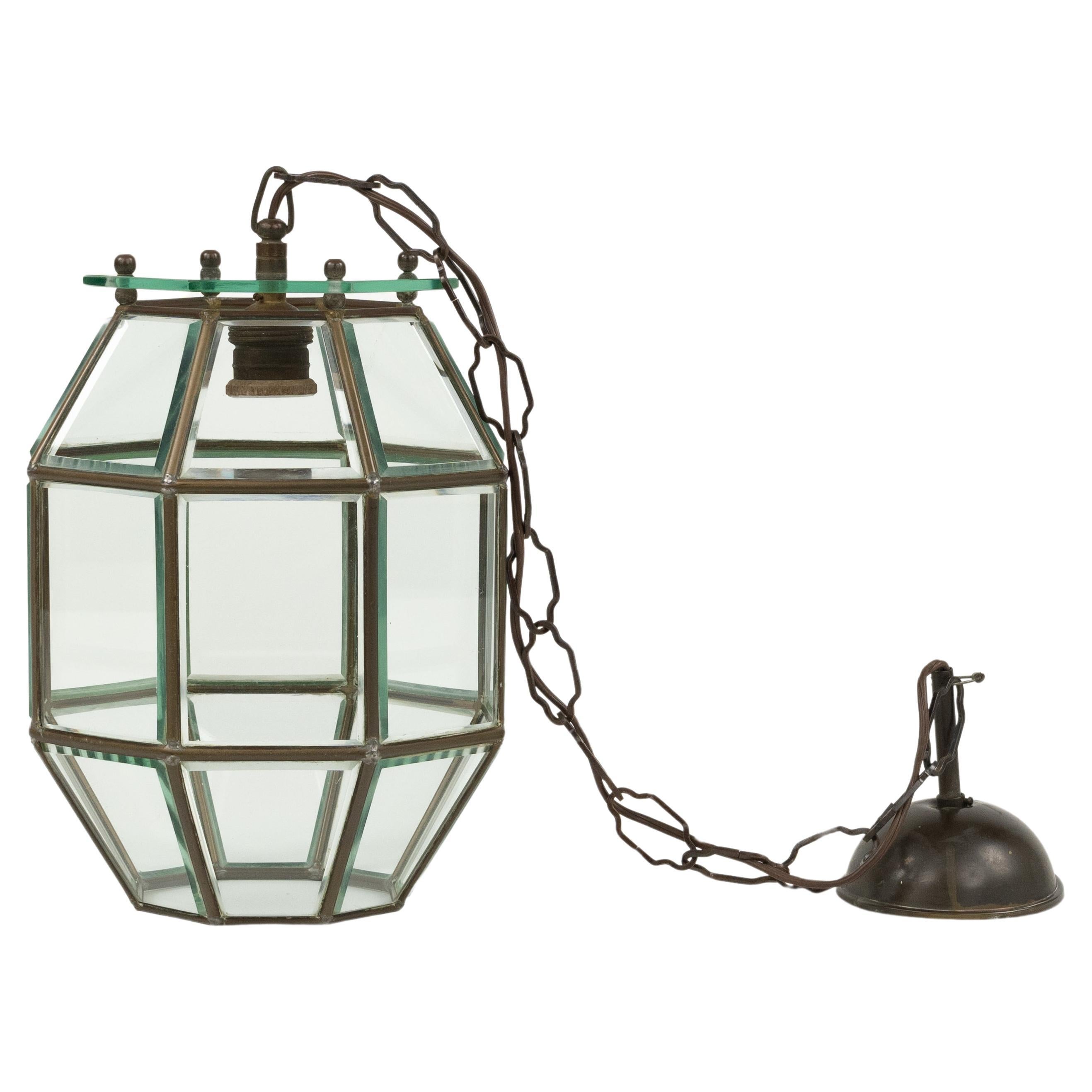 Metal Chandelier Lantern in Brass and Beveled Glass Adolf Loos Style, Italy 1950s For Sale