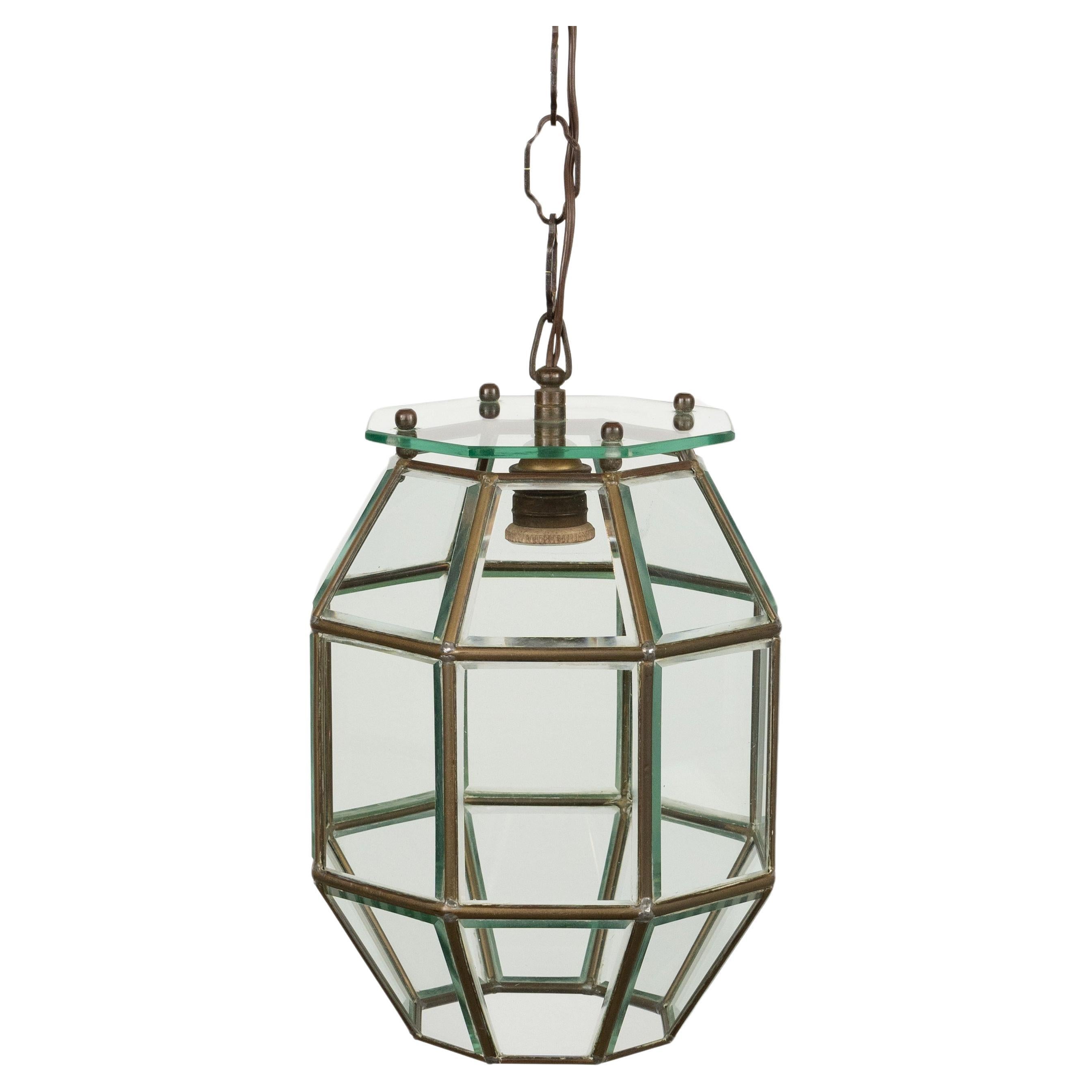 Chandelier Lantern in Brass and Beveled Glass Adolf Loos Style, Italy 1950s For Sale 1