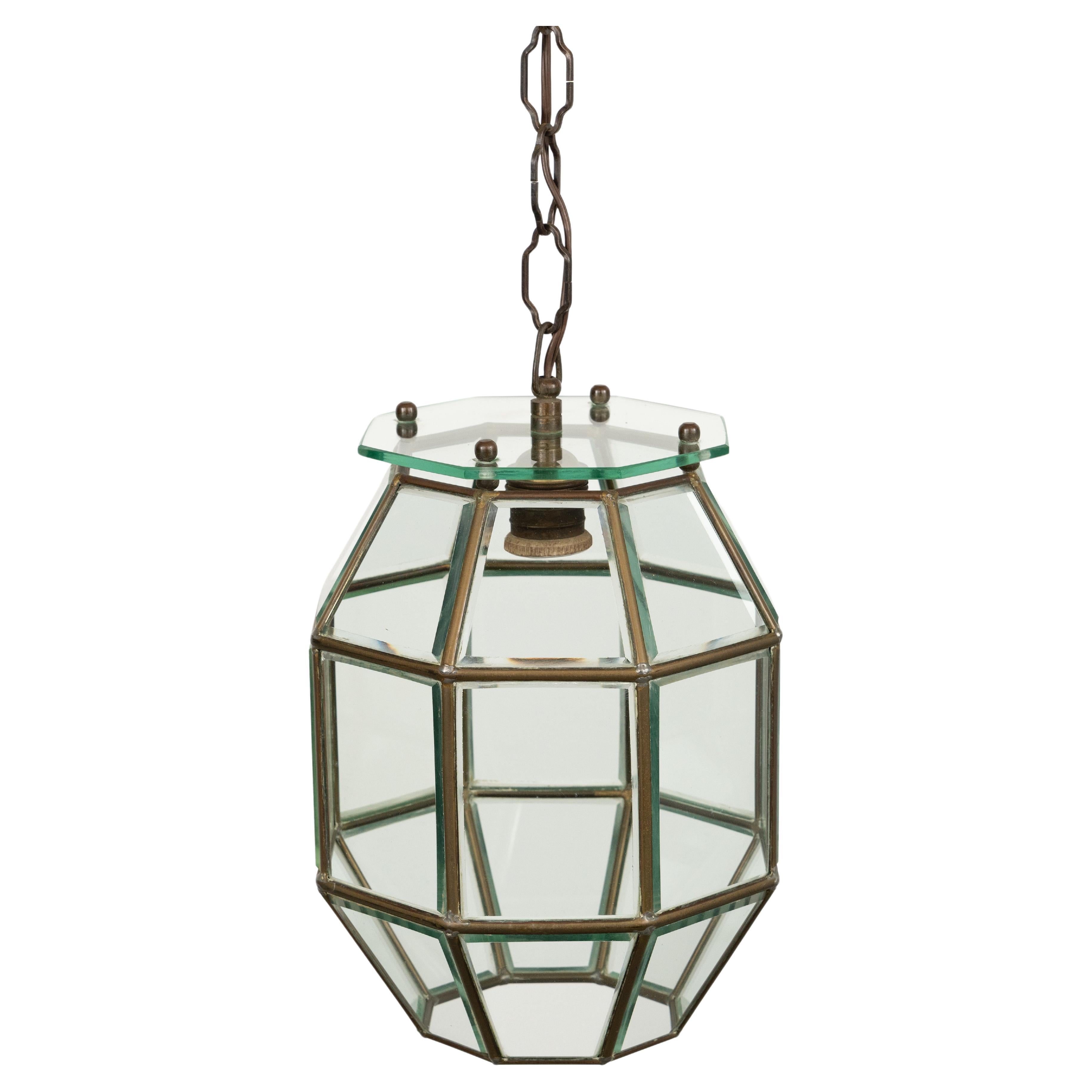 Chandelier Lantern in Brass and Beveled Glass Adolf Loos Style, Italy 1950s