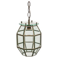 Vintage Chandelier Lantern in Brass and Beveled Glass Adolf Loos Style, Italy 1950s