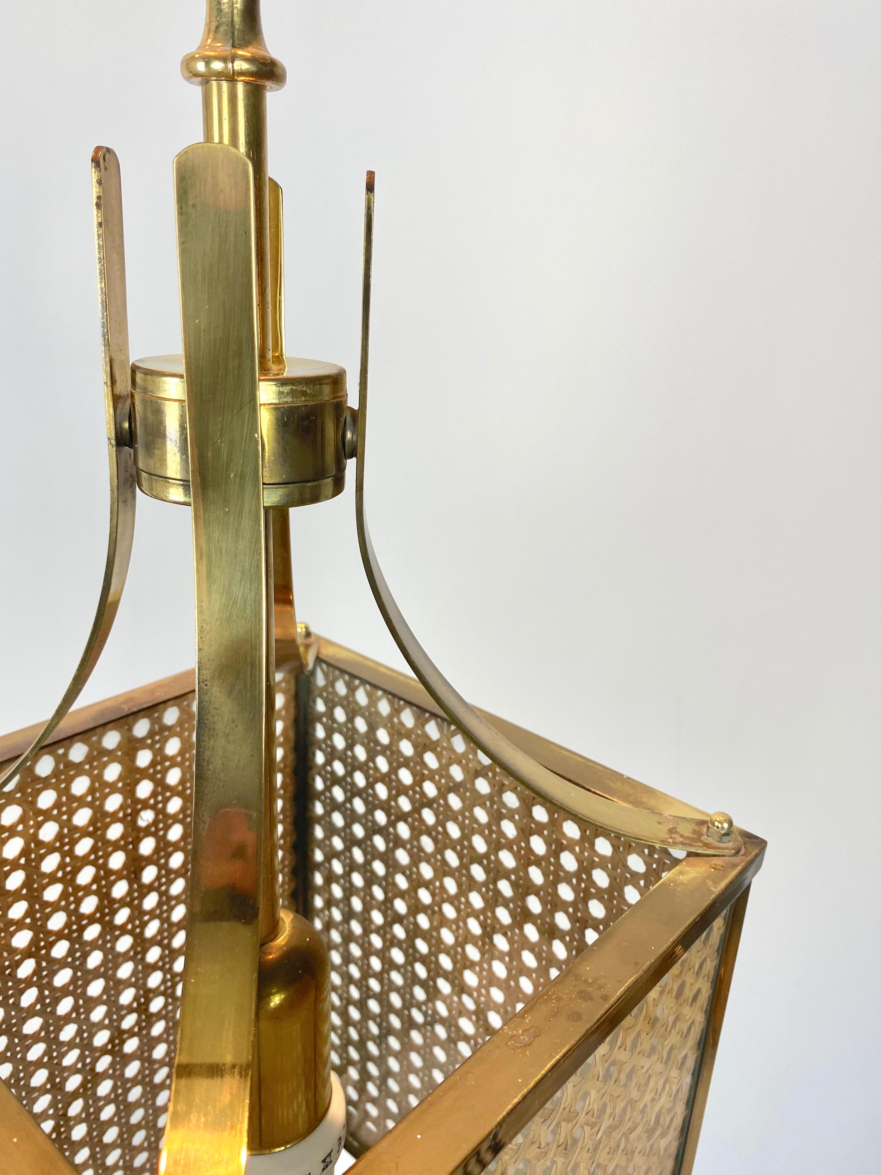 Chandelier Lantern in Rattan Brass and Glass, Italy, 1970s 3