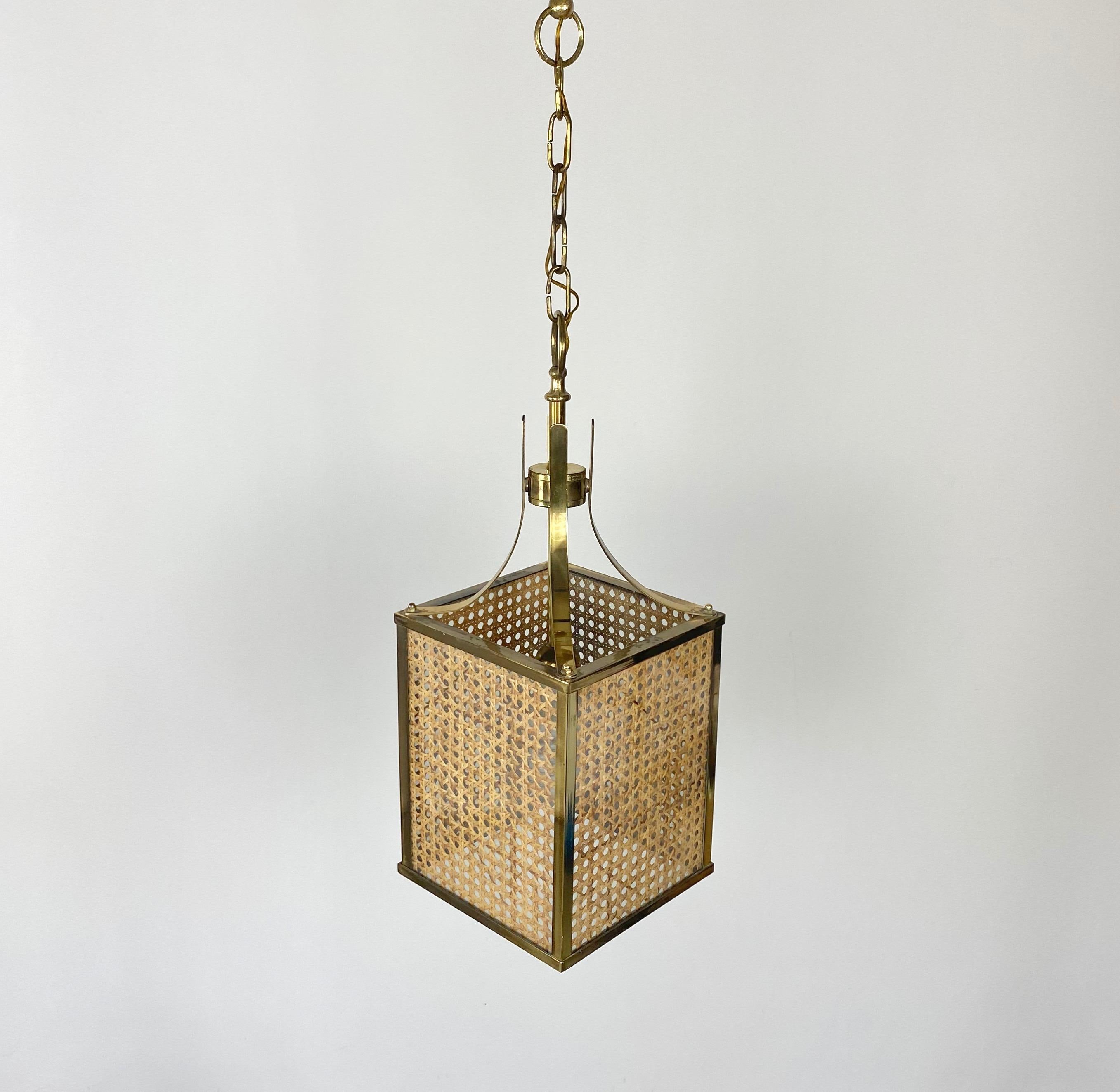 Chandelier Lantern in Rattan Brass and Glass, Italy, 1970s 4