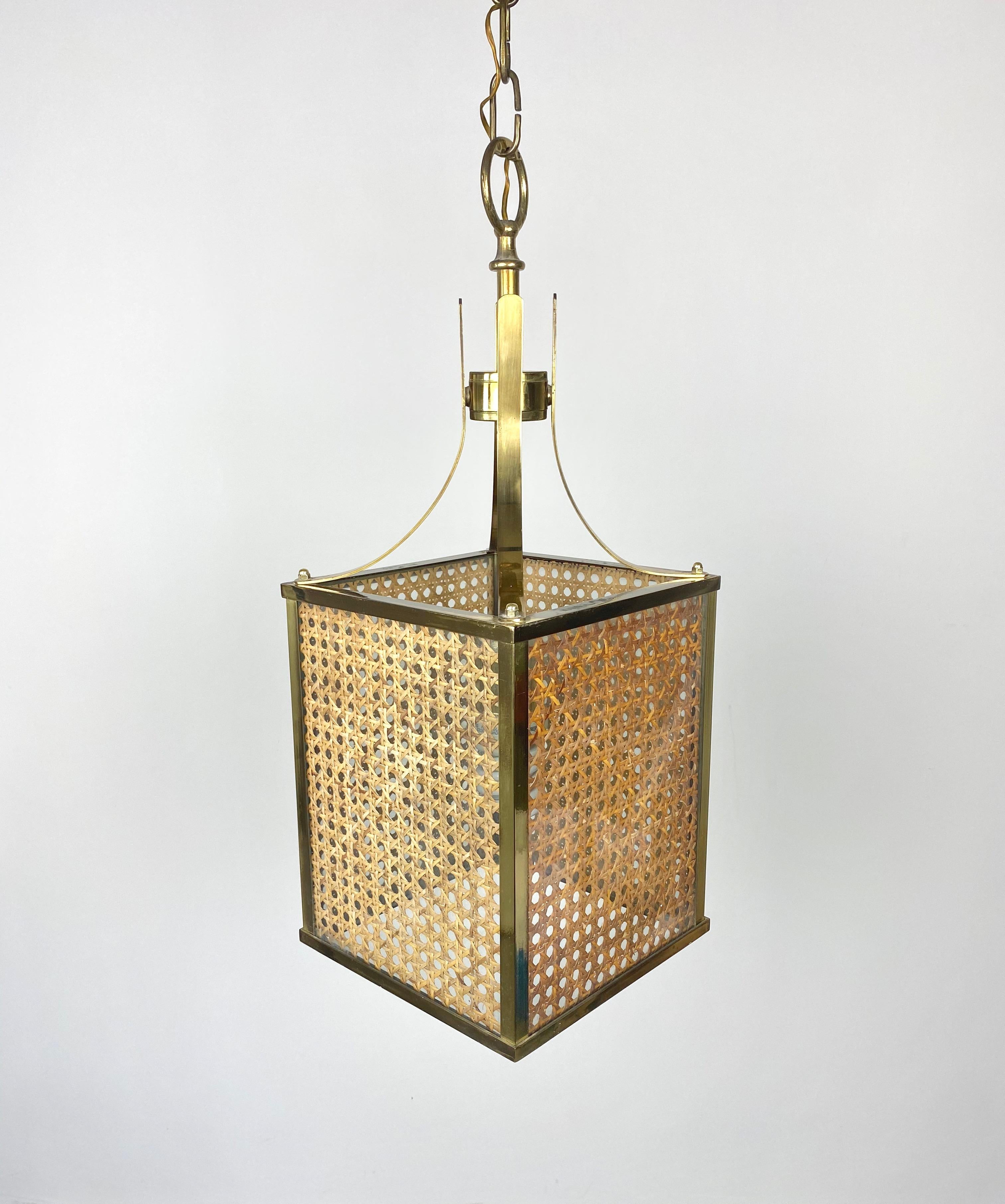 Chandelier Lantern in Rattan Brass and Glass, Italy, 1970s 5