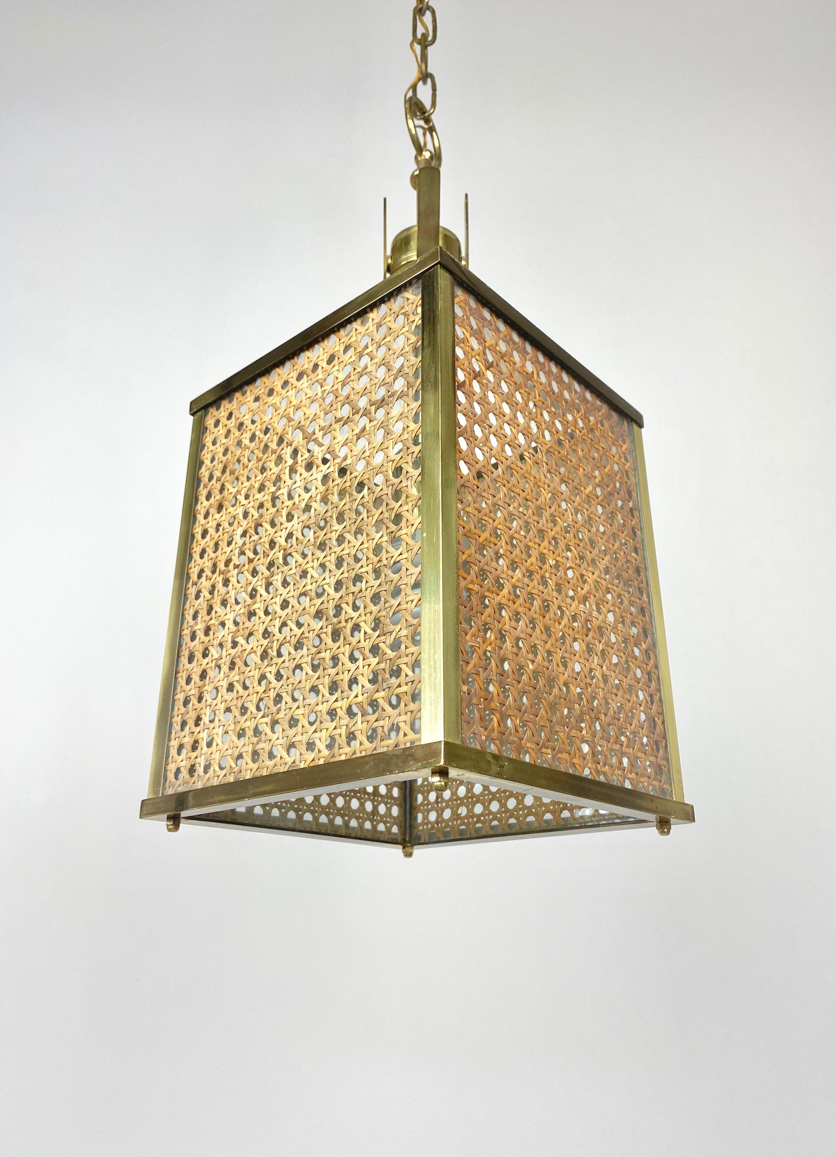 Metal Chandelier Lantern in Rattan Brass and Glass, Italy, 1970s