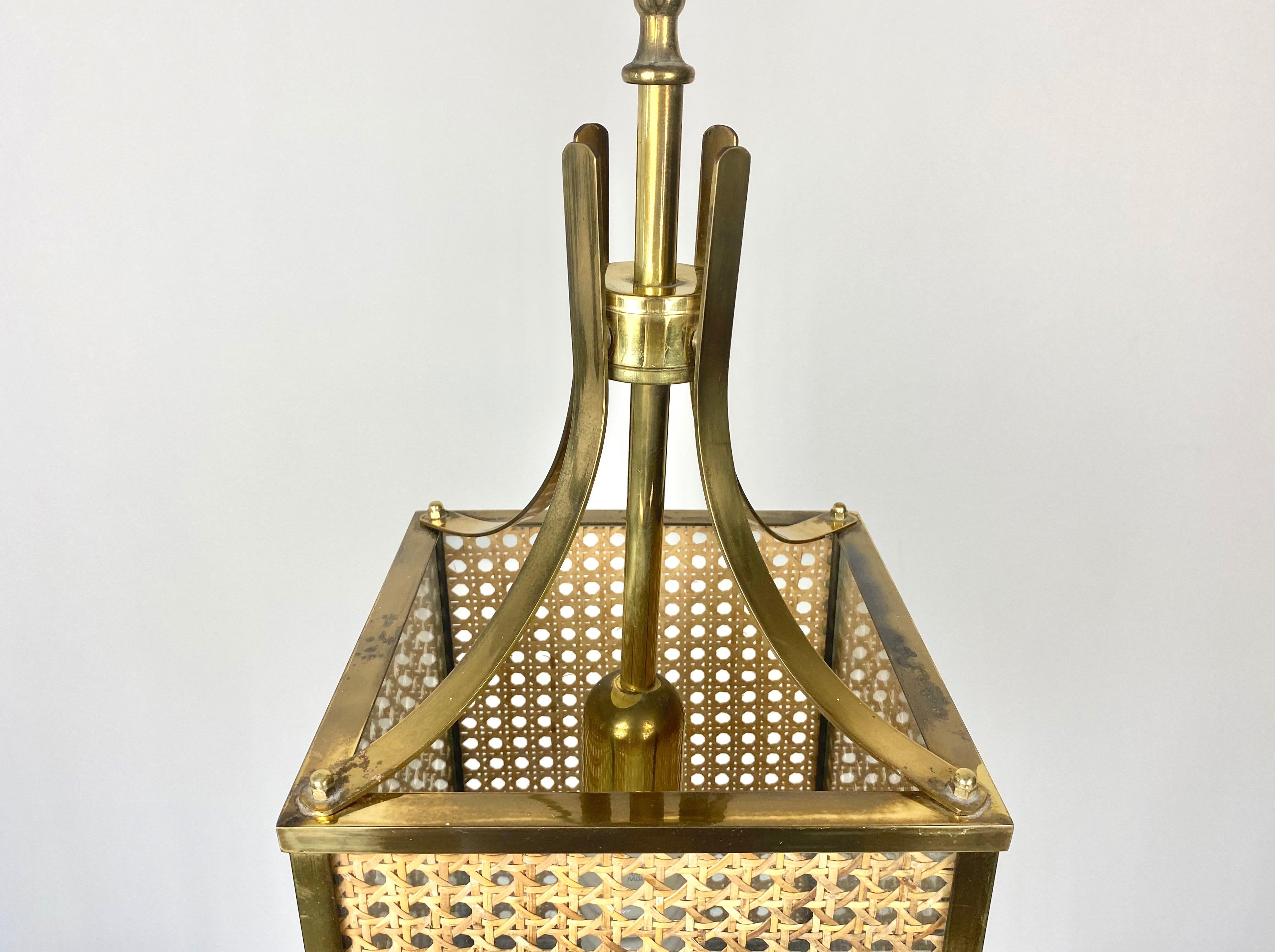 Chandelier Lantern in Rattan Brass and Glass, Italy, 1970s 2