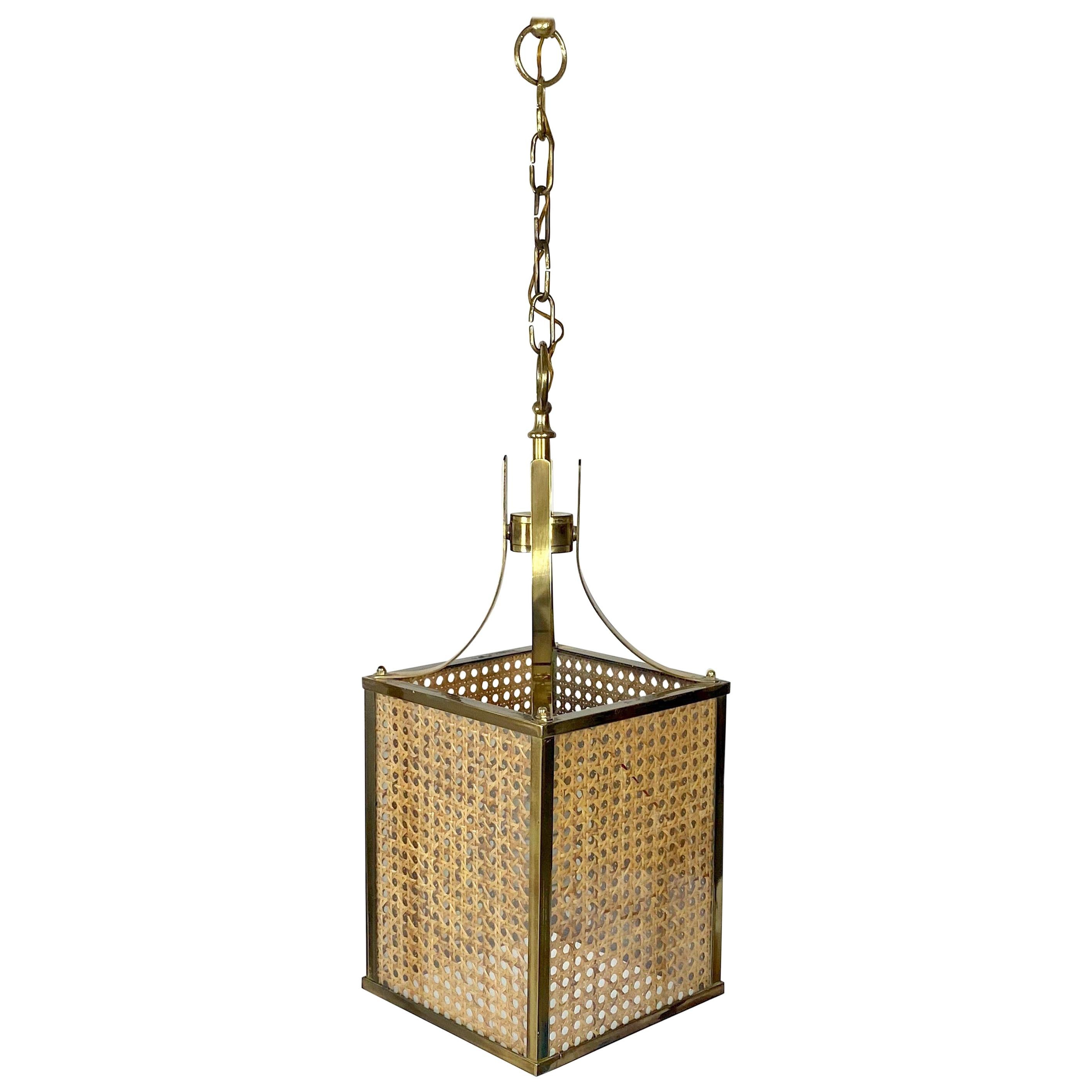 Chandelier Lantern in Rattan Brass and Glass, Italy, 1970s