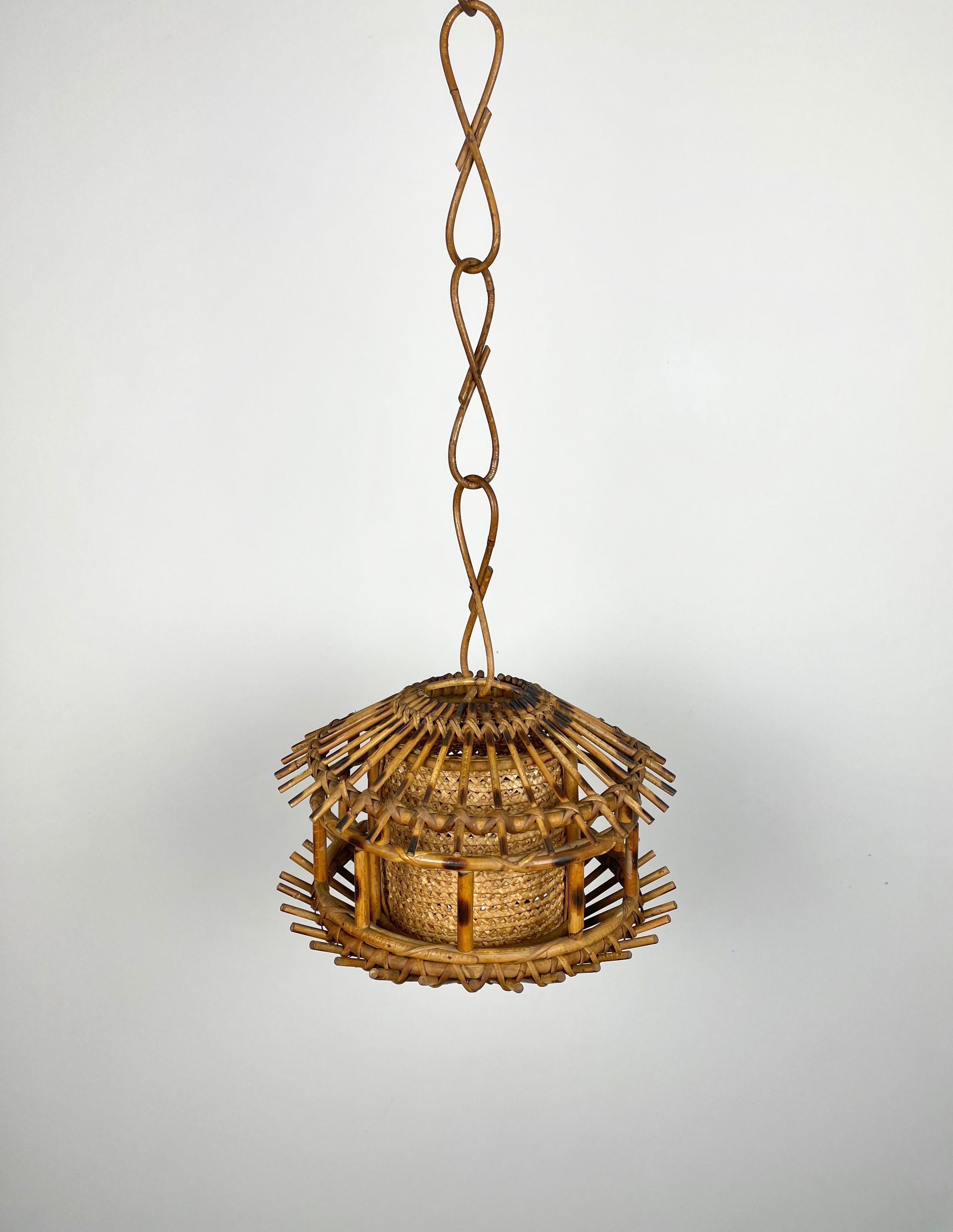 Mid-Century Modern Chandelier Lantern Rattan Wicker, Italy, 1960s For Sale