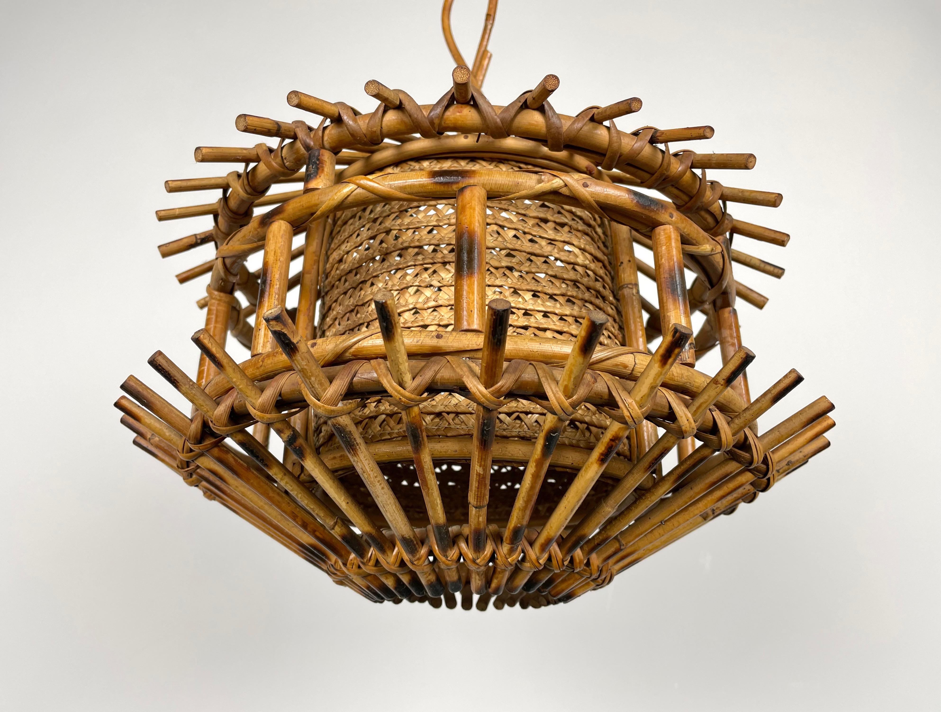 Bamboo Chandelier Lantern Rattan Wicker, Italy, 1960s For Sale