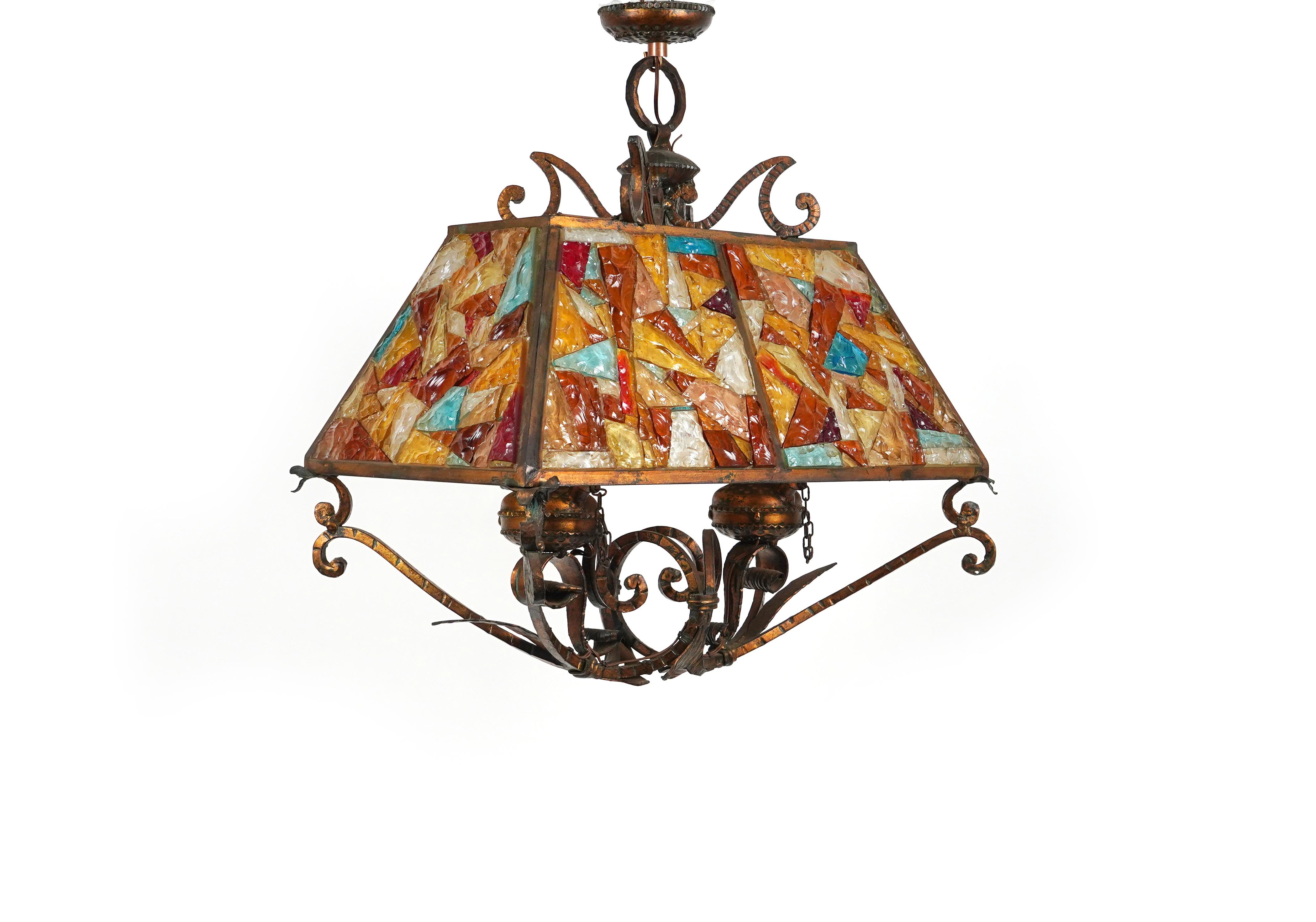 Chandelier Lantern Wrought Iron and Hammered Glass by Longobard, Italy, 1970s For Sale 2