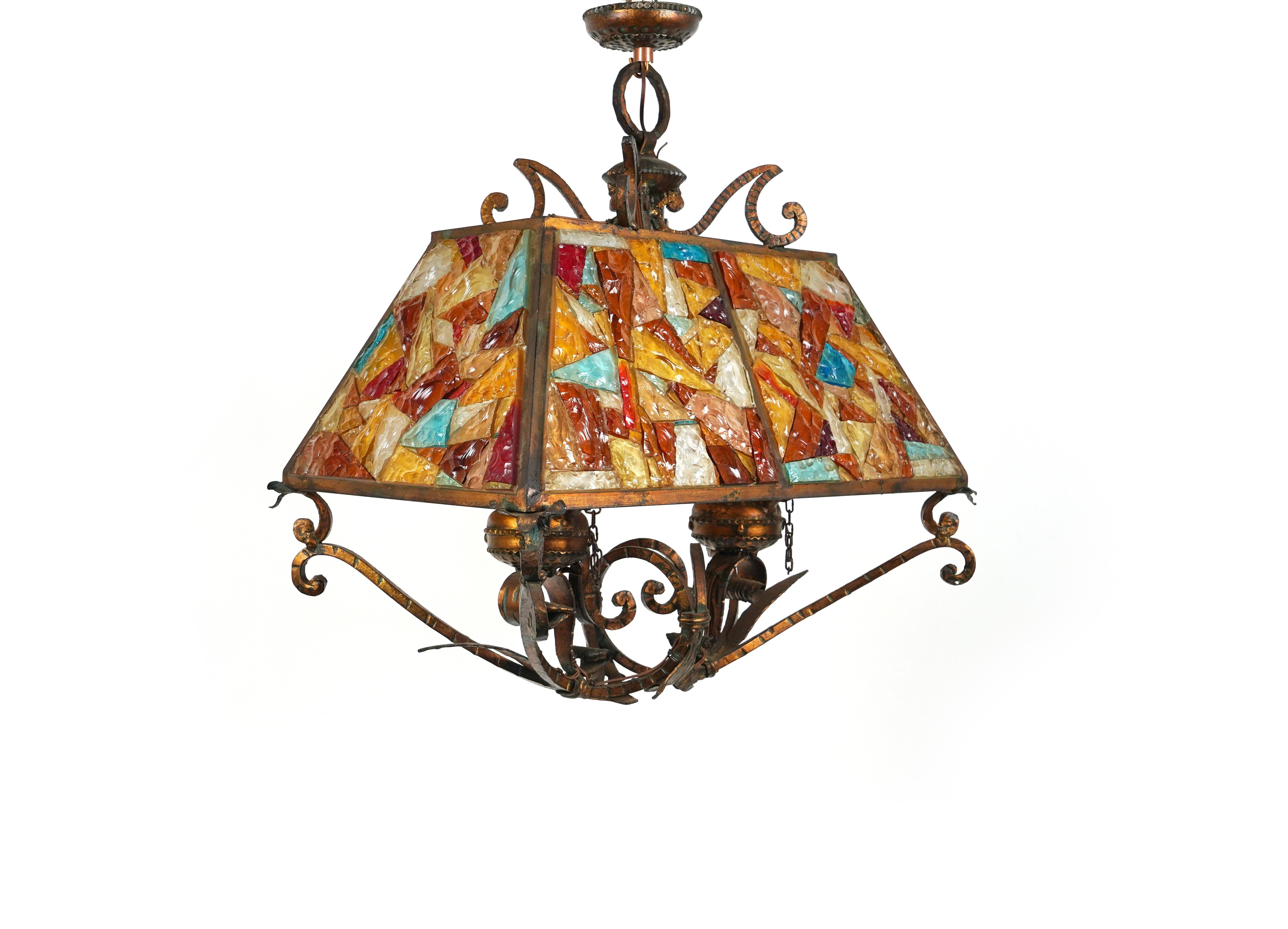 Italian Chandelier Lantern Wrought Iron and Hammered Glass by Longobard, Italy, 1970s For Sale