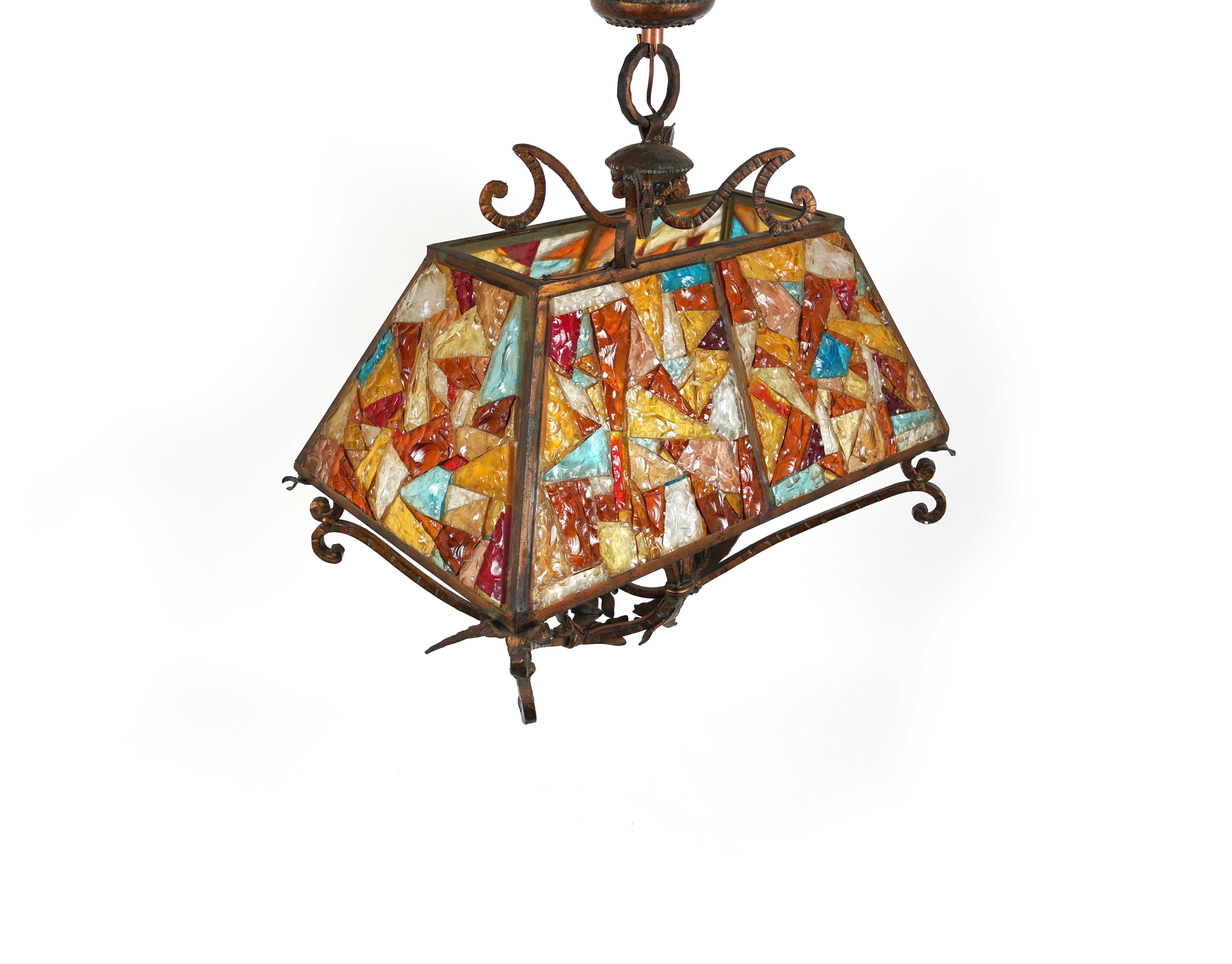 Chandelier Lantern Wrought Iron and Hammered Glass by Longobard, Italy, 1970s In Good Condition For Sale In Rome, IT
