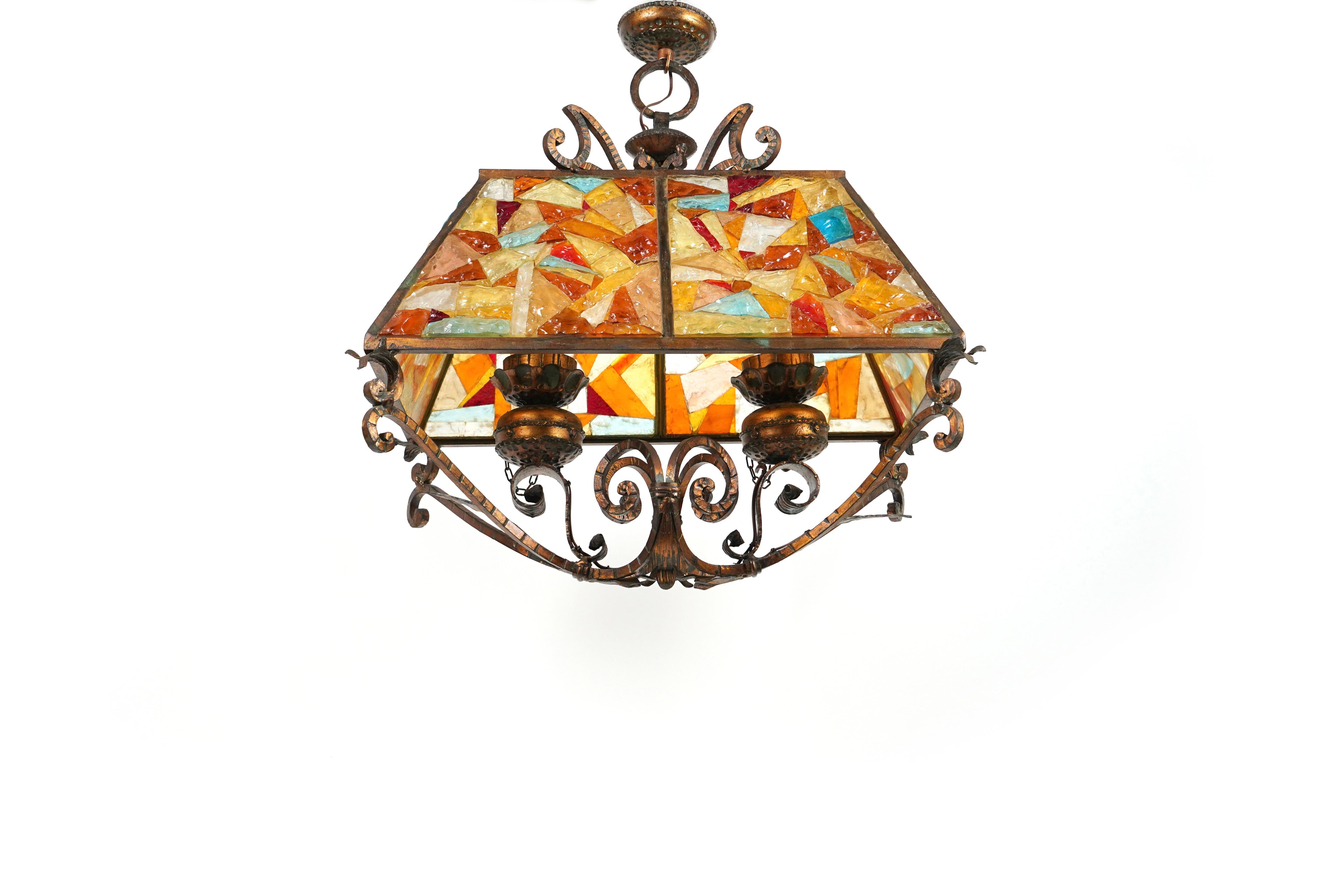 Late 20th Century Chandelier Lantern Wrought Iron and Hammered Glass by Longobard, Italy, 1970s For Sale