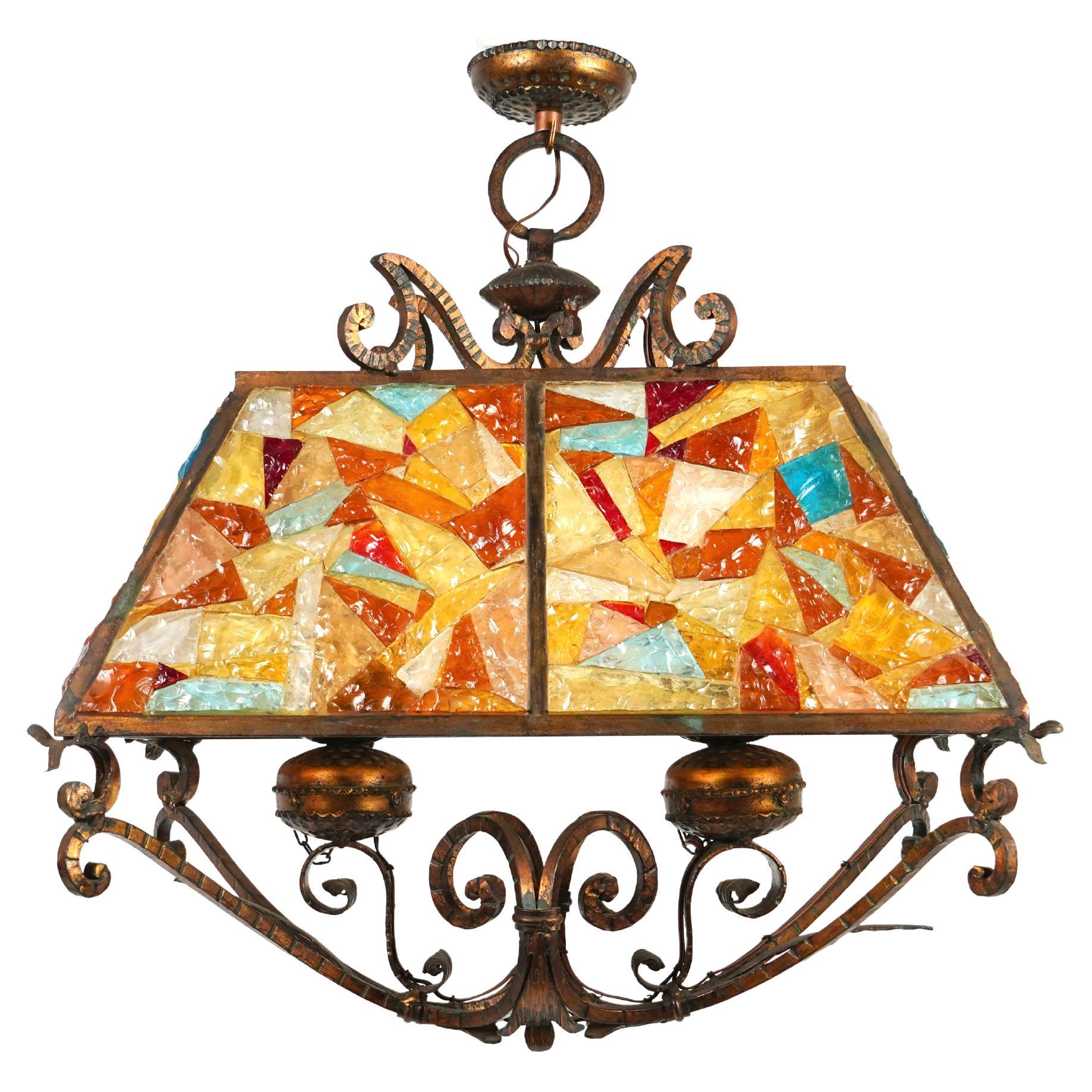 Farol de araña de hierro forjado y cristal martillado de Longobard, Italia, años 70