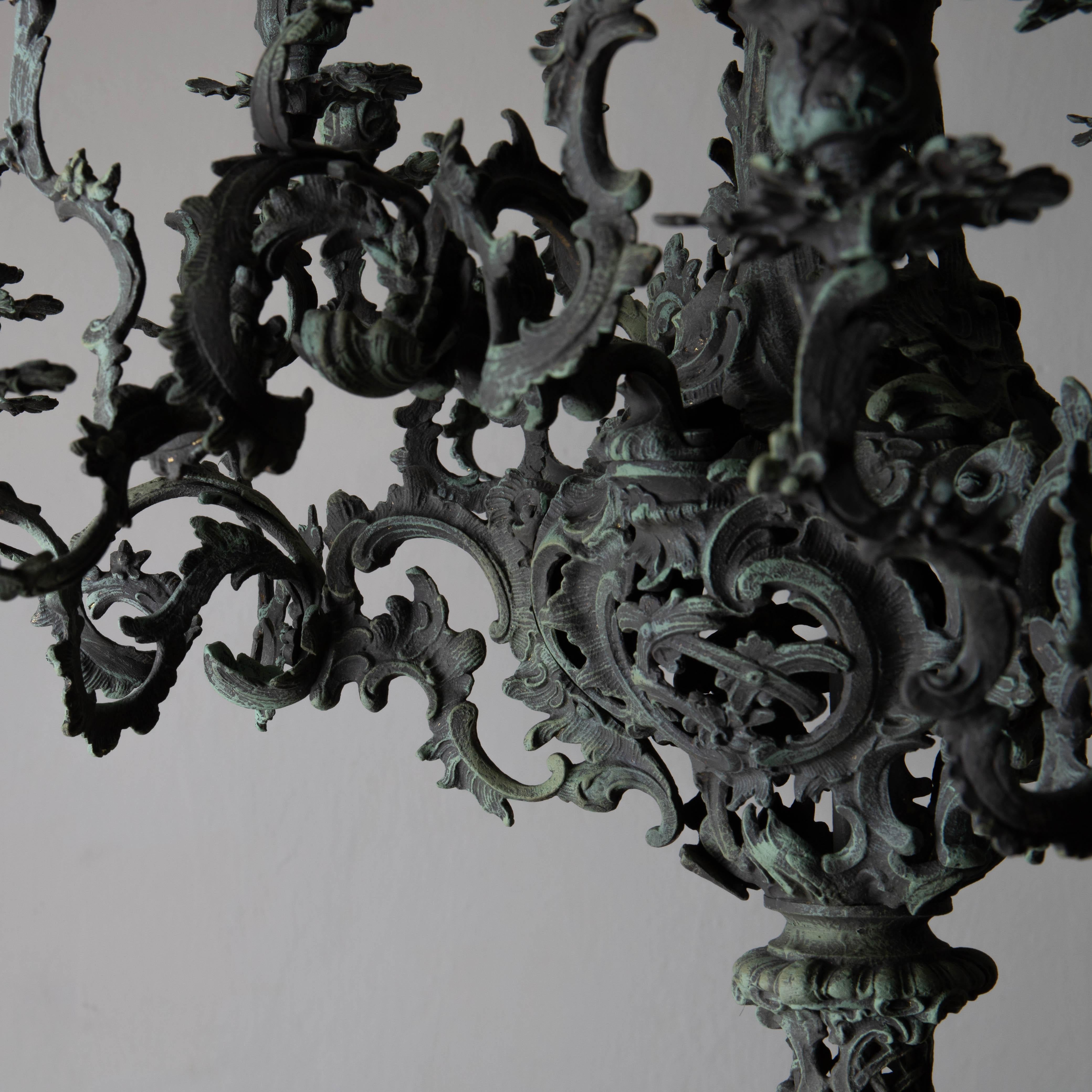 Hand-Painted Chandelier Large New Rococo 19th Century Green Sweden