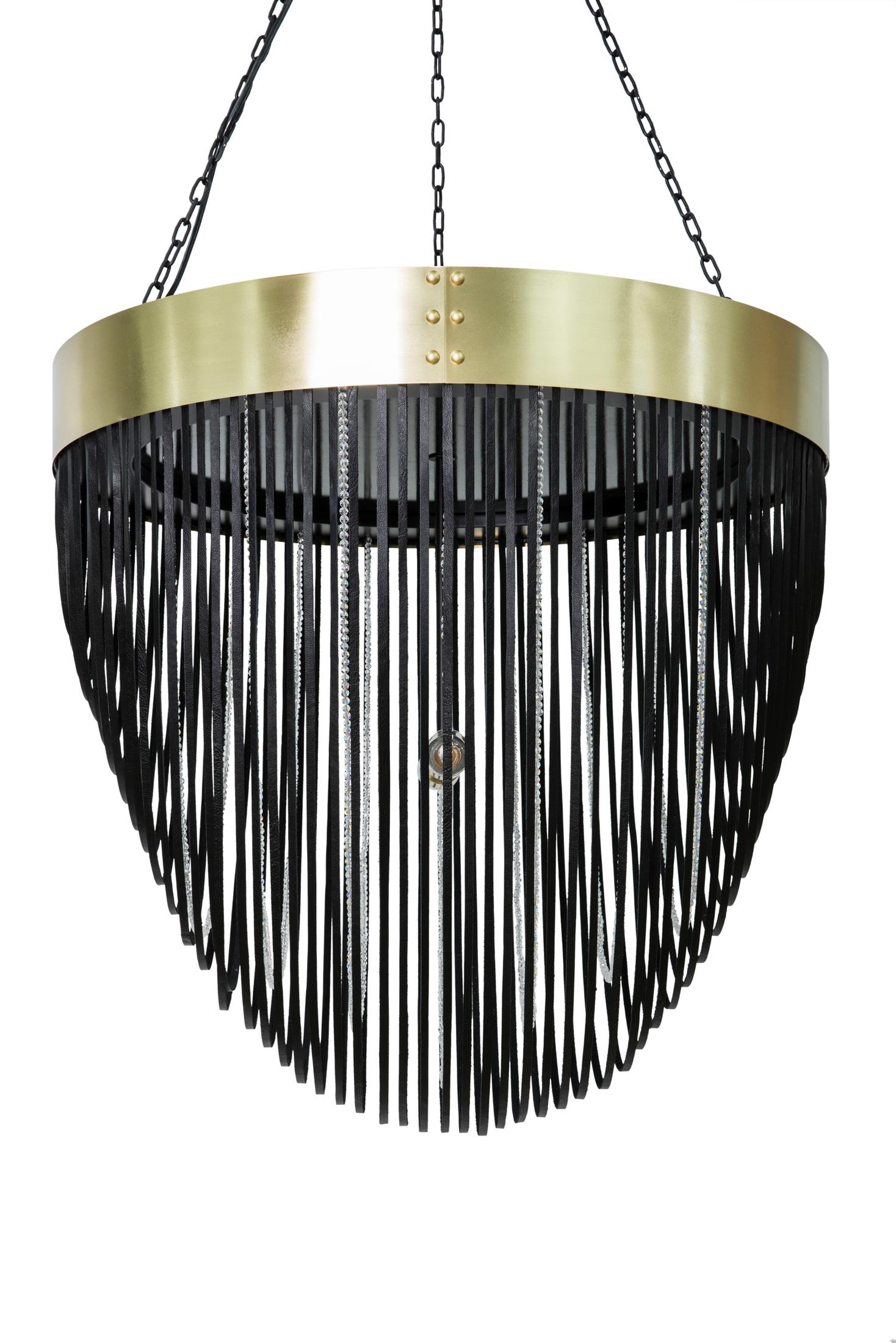 The Romantic pendant features parabolic drops of hand- stripped midnight-black leather and faceted glass beads beneath a brass ring, setting a contemporary tone in any residential or commercial space. 

All hard-wired lighting is UL-listed for dry