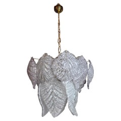 Chandelier "Leaves" 2 Levels, Frosted Glass, Murano Mazzega, Italy 1960