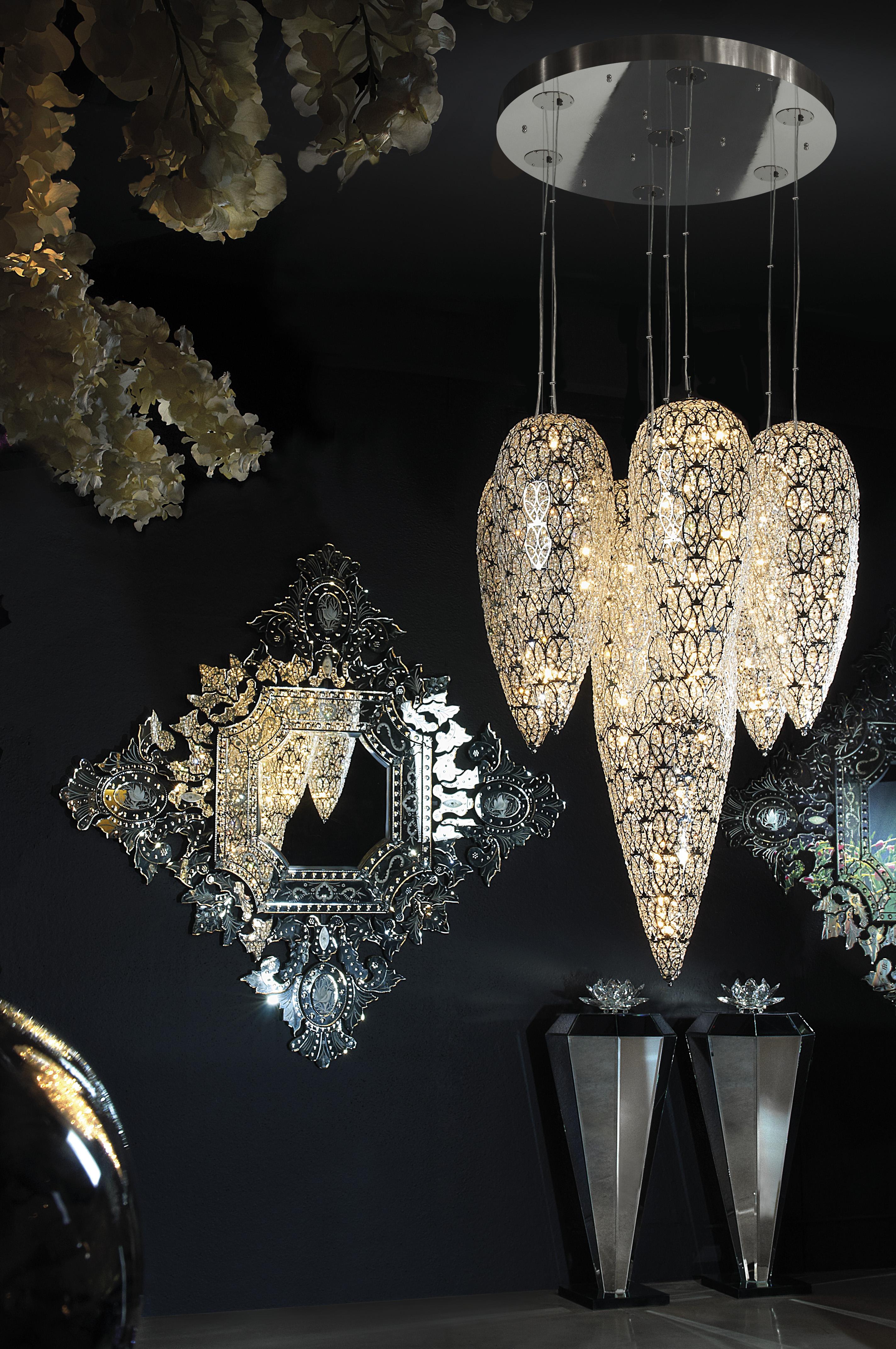 Modern Chandelier Lightfall 7 Sensation Lamps, Chrome Finish, Arabesque Style, Italy For Sale