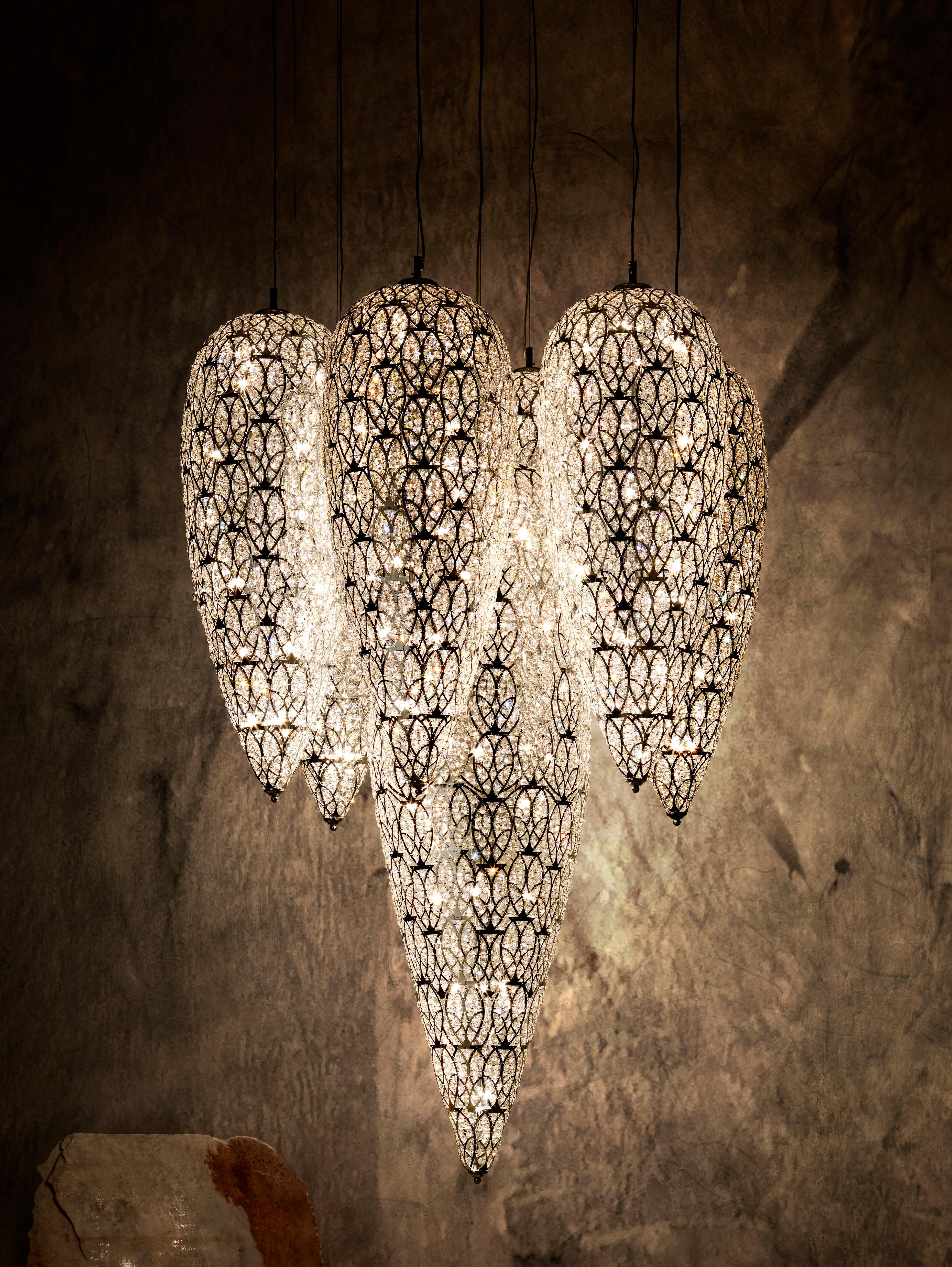 Stainless Steel Chandelier Lightfall 7 Sensation Lamps, Chrome Finish, Arabesque Style, Italy For Sale