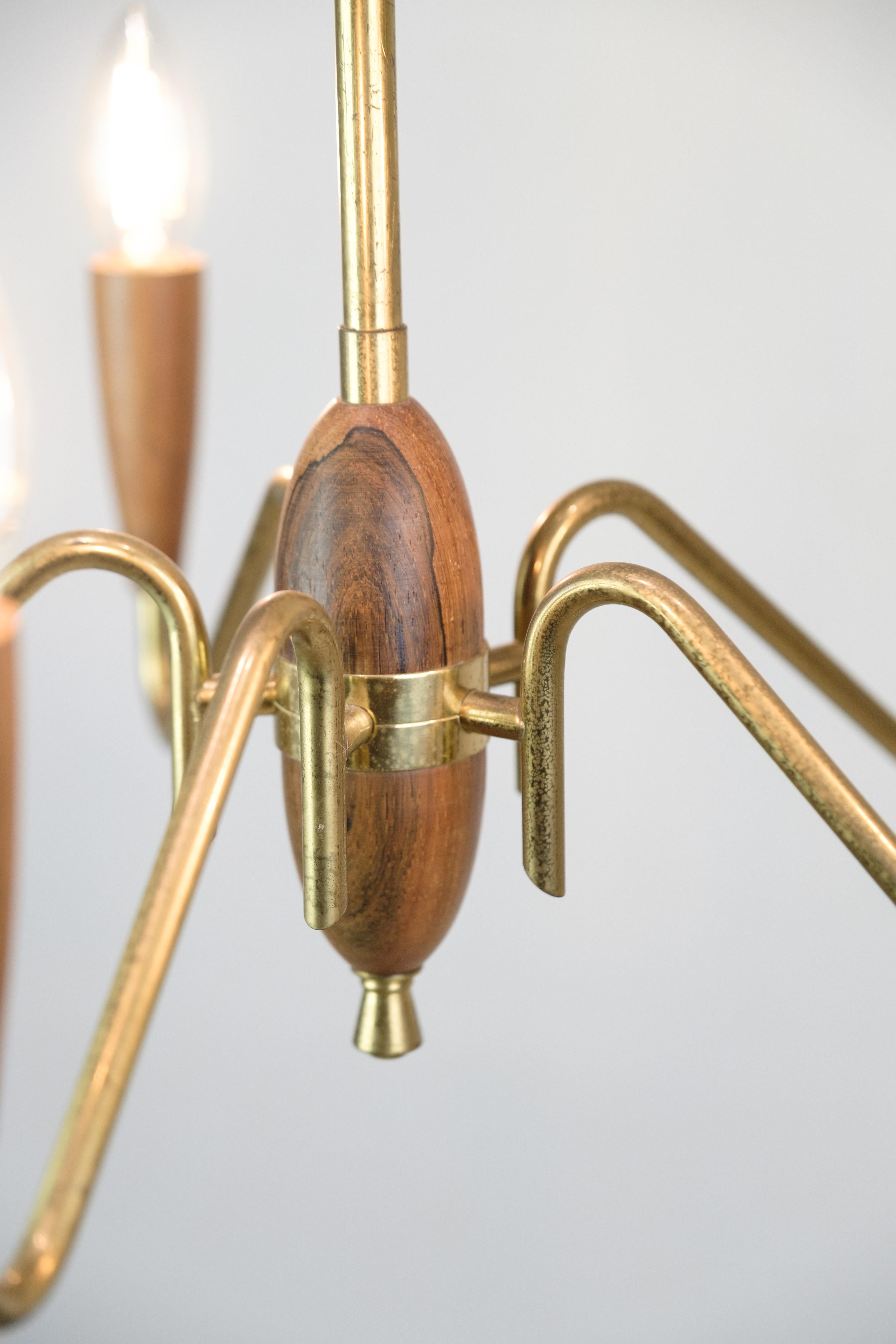 Mid-Century Modern Chandelier Made In Teak & Brass From 1960s For Sale