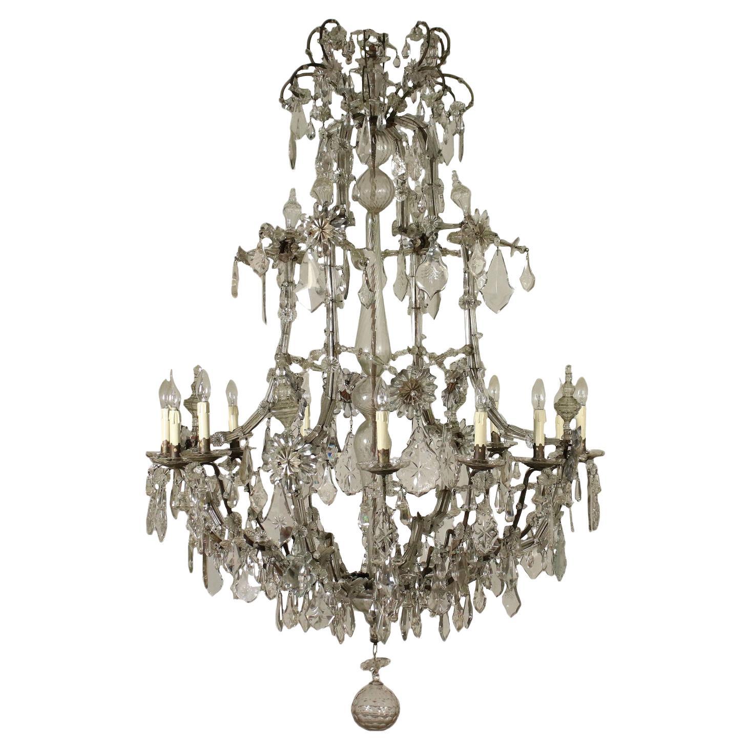 Chandelier Maria Theresa Iron Bronze Glass, Italy, Late 18th Century For Sale